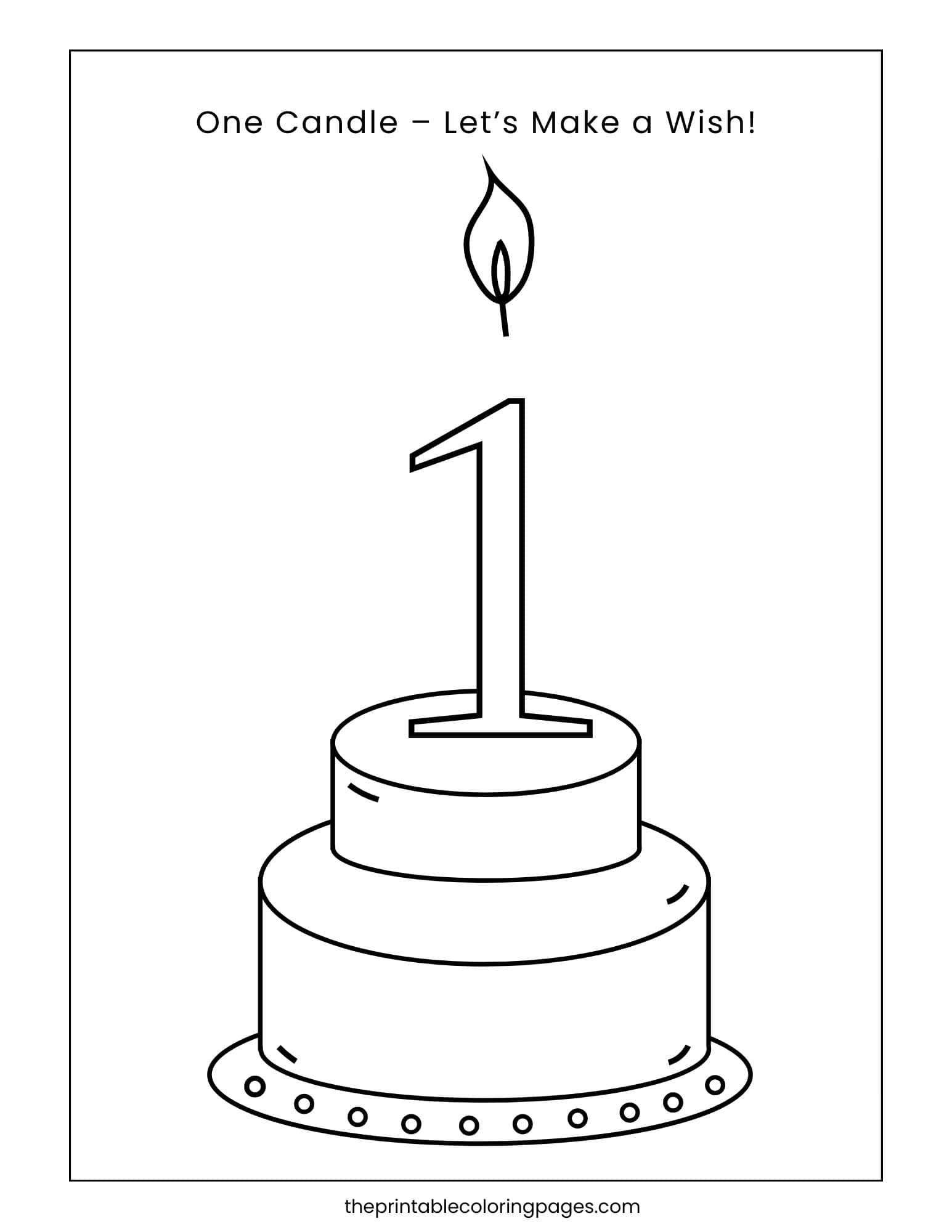 Coloring page showing the number 1 as a birthday candle on a cake, labeled "One Candle – Let’s Make a Wish!".