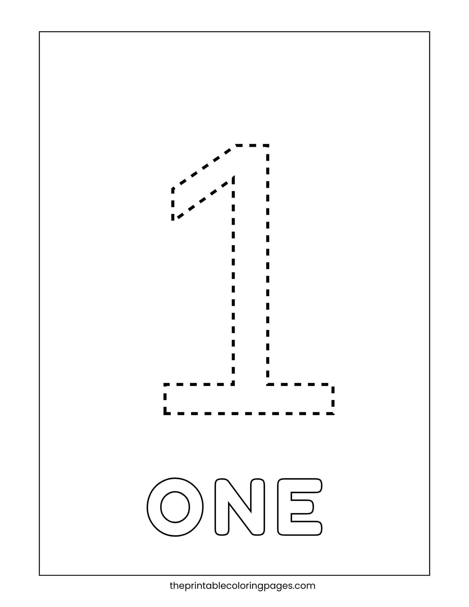 Traceable number 1 coloring page with dotted lines and the word "ONE" written below in bubble letters.