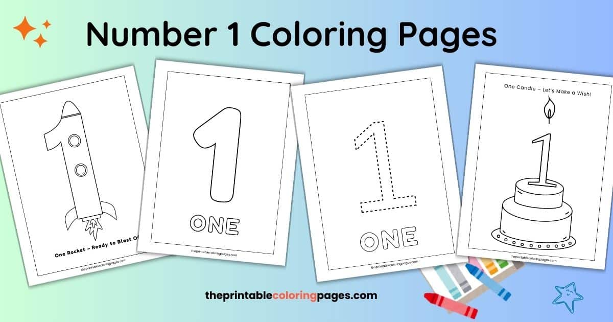 A preview collage of four Number 1 coloring pages for kids, including a rocket, birthday candle, bold number one, and traceable number one, with the title "Number 1 Coloring Pages" on a pastel background.