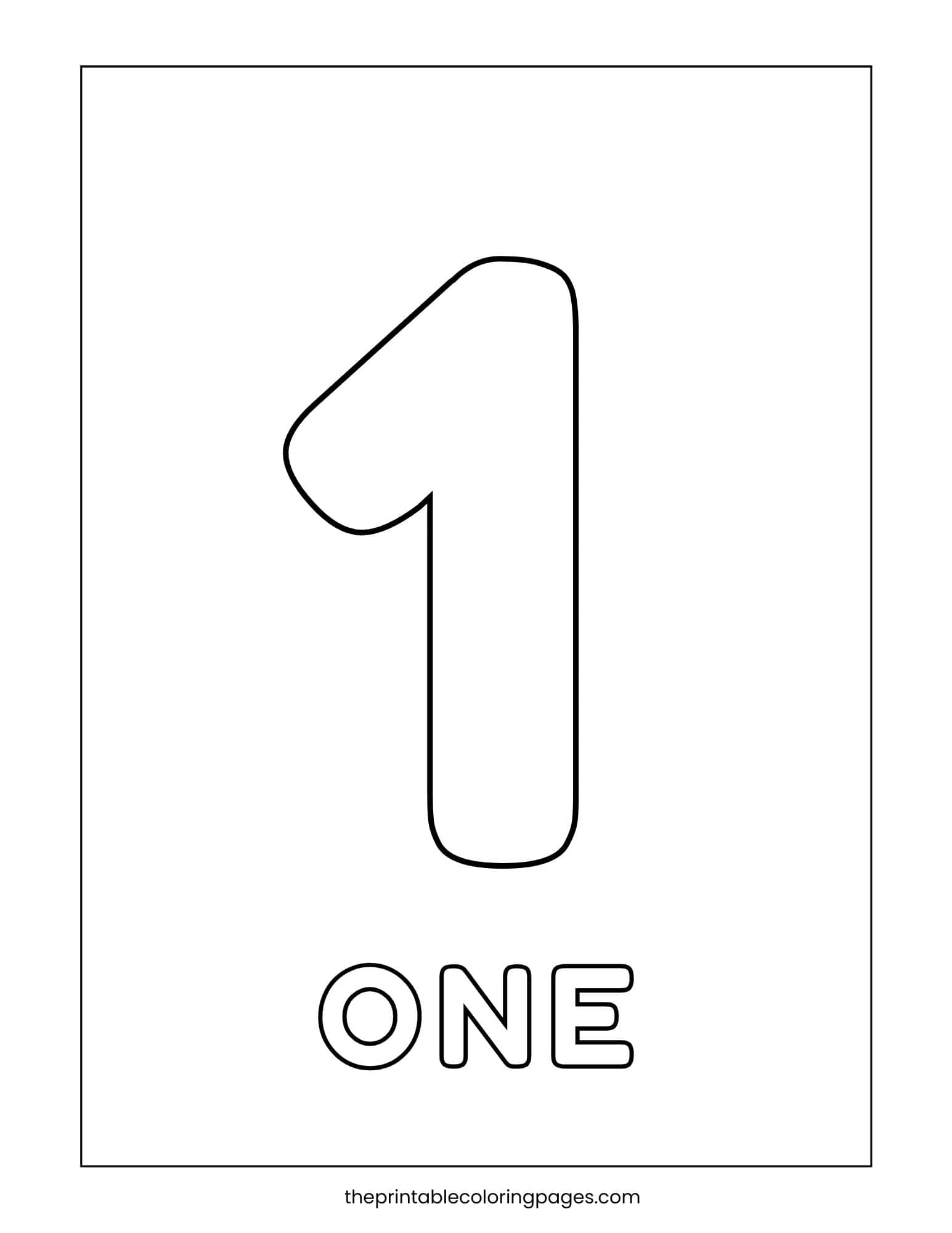 Large, bold number 1 coloring page with the word "ONE" underneath, designed for toddlers and preschoolers.