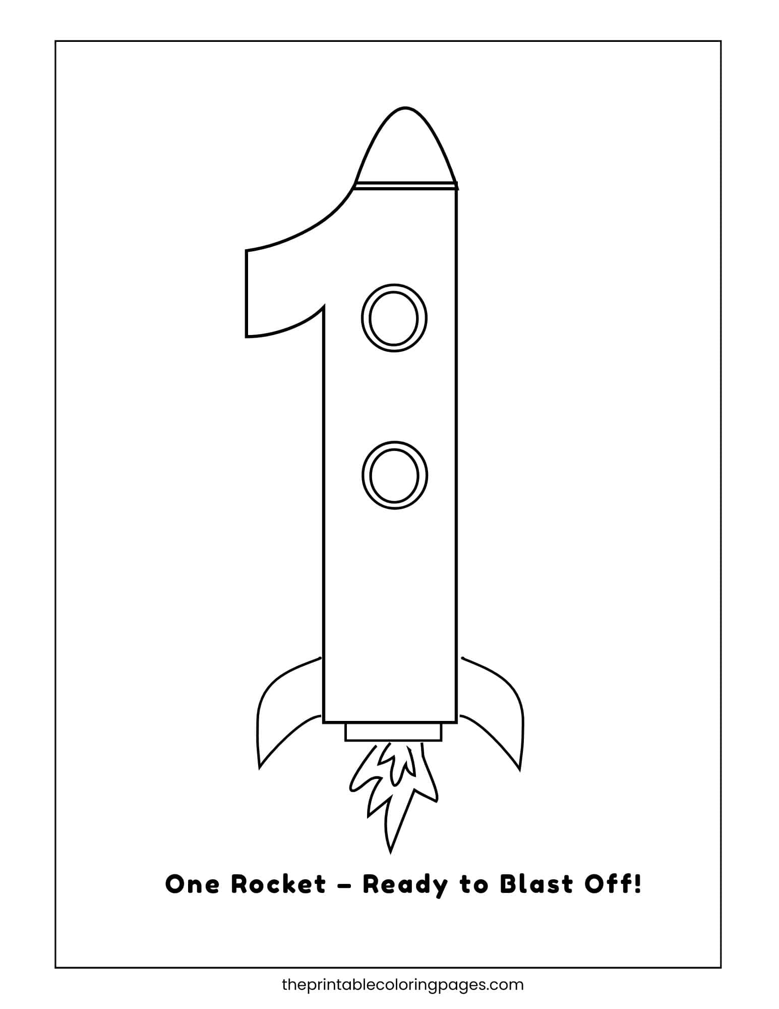Black and white coloring page of the number 1 shaped like a rocket, labeled "One Rocket – Ready to Blast Off!".