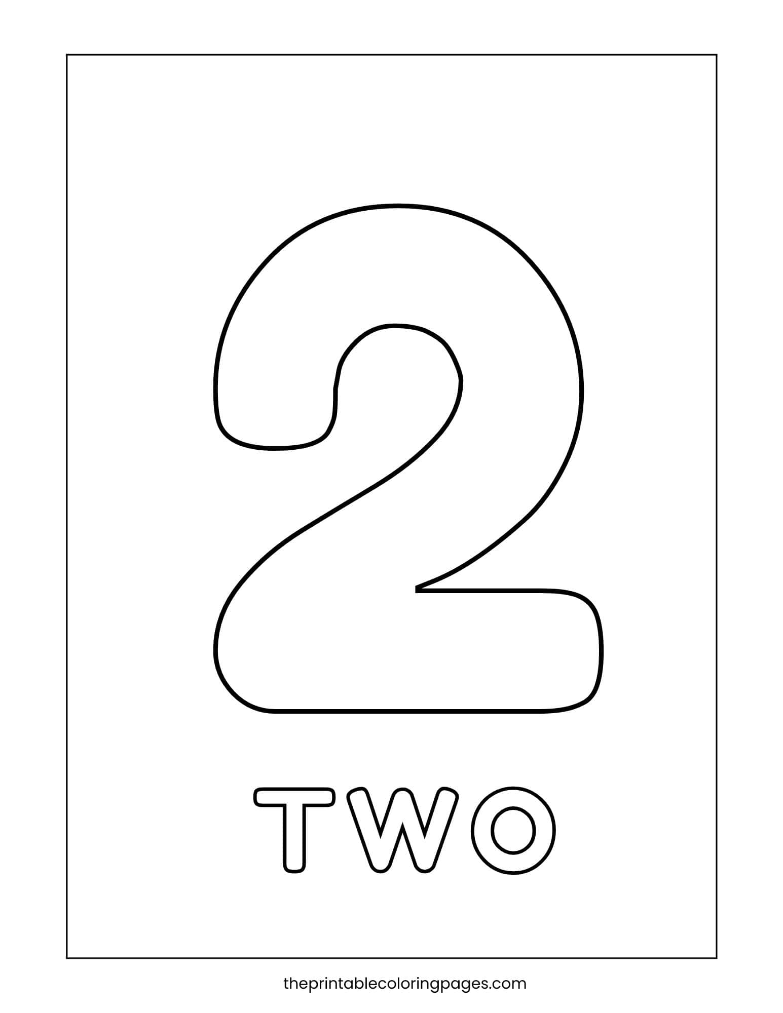 Large outlined number 2 with the word "TWO" in uppercase letters below for coloring.