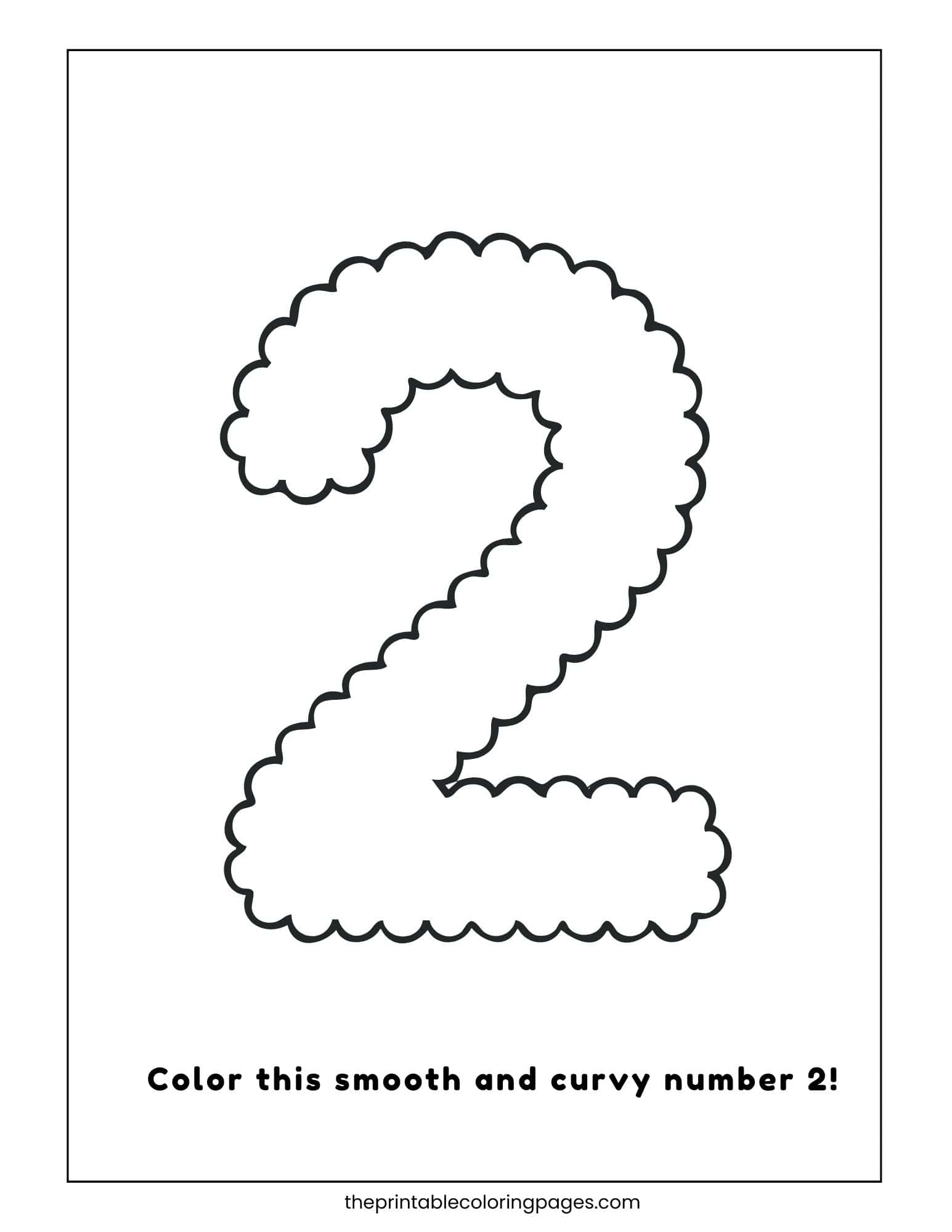 Coloring page with a curvy number 2 made of small bumps and the text "Color this smooth and curvy number 2!"