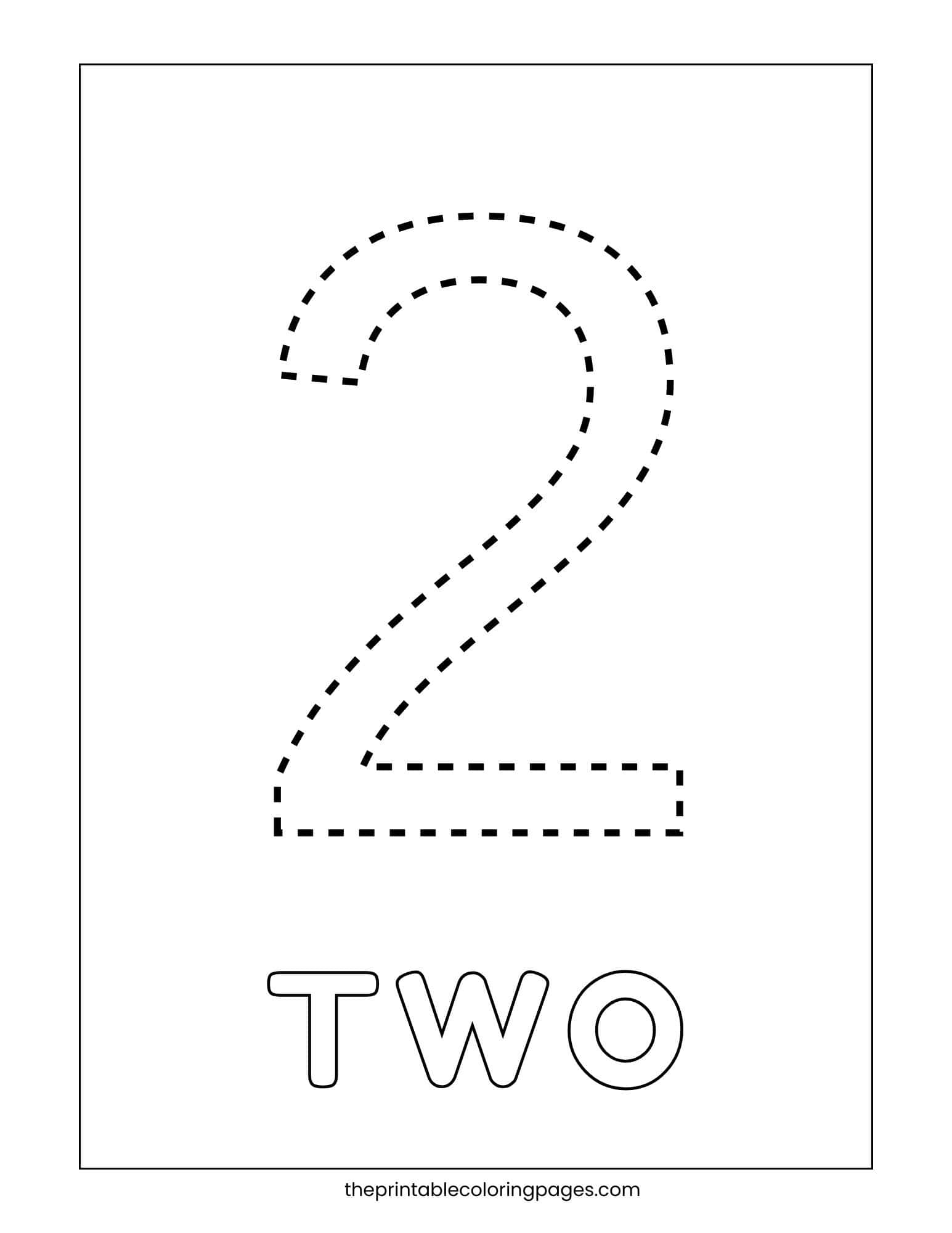 Number 2 drawn with dashed lines above the word "TWO" for tracing and coloring practice.