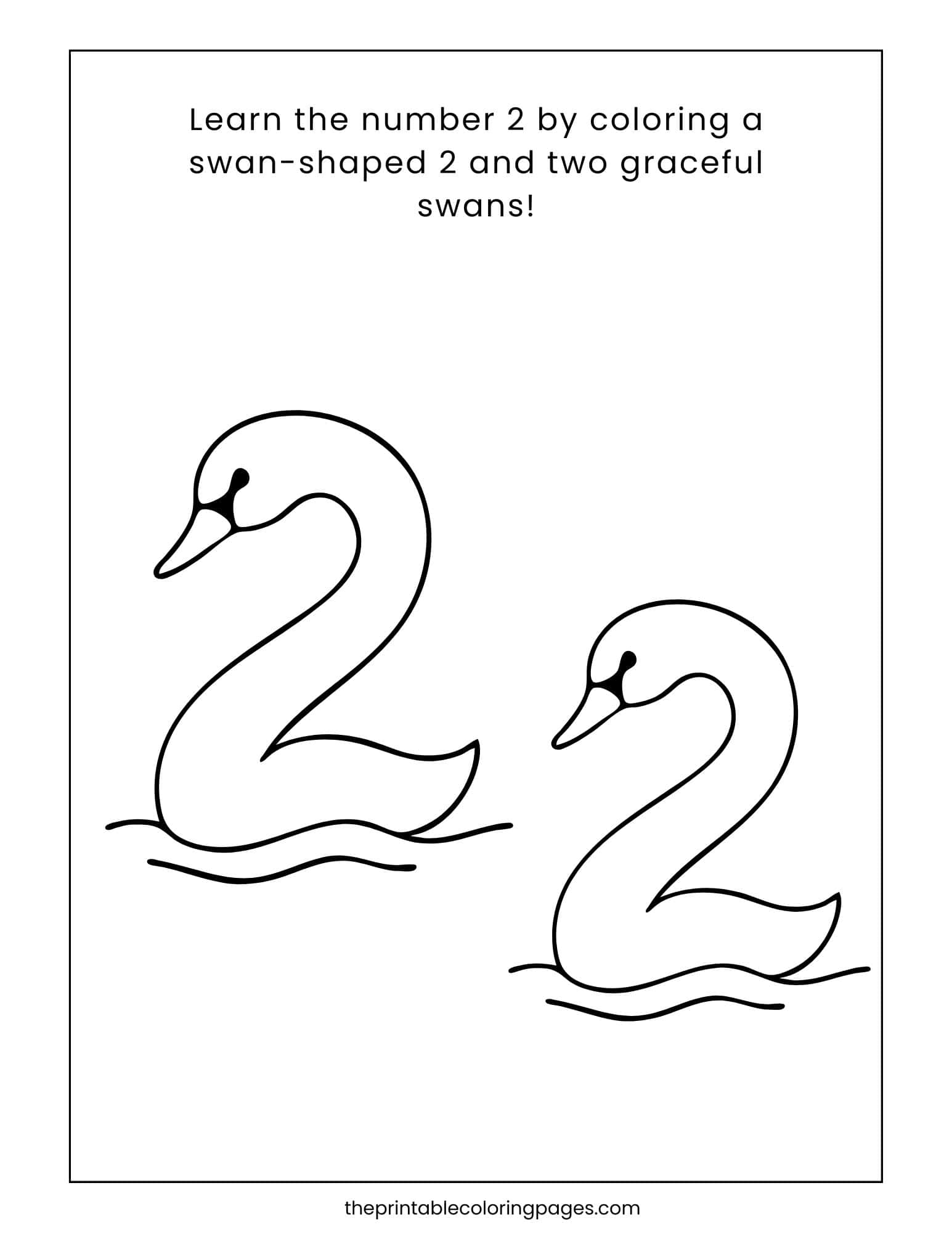 Two swans shaped like the number 2 with a caption about learning the number through coloring.