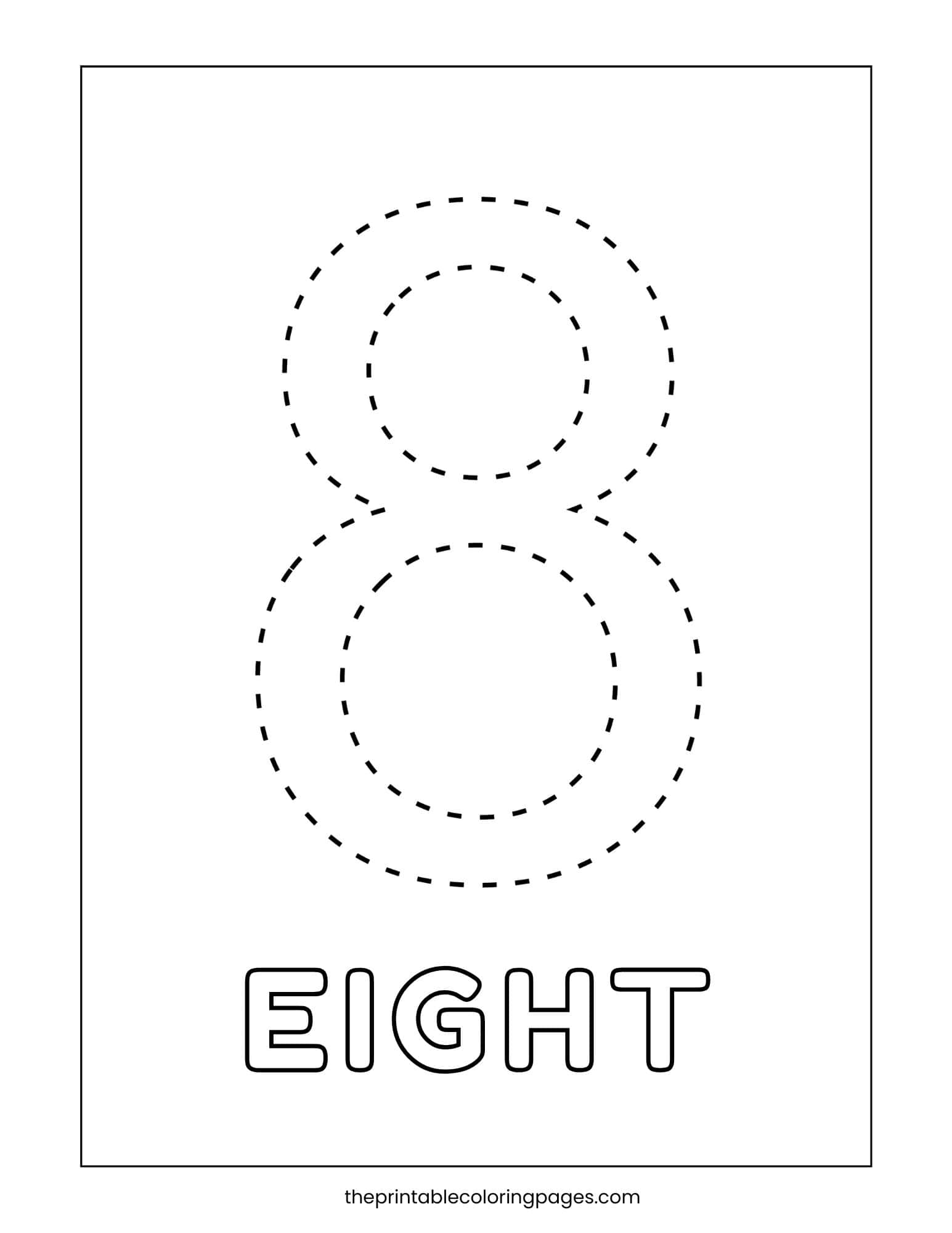 A preschool tracing worksheet with the number 8 and the word “EIGHT” in bubble letters.