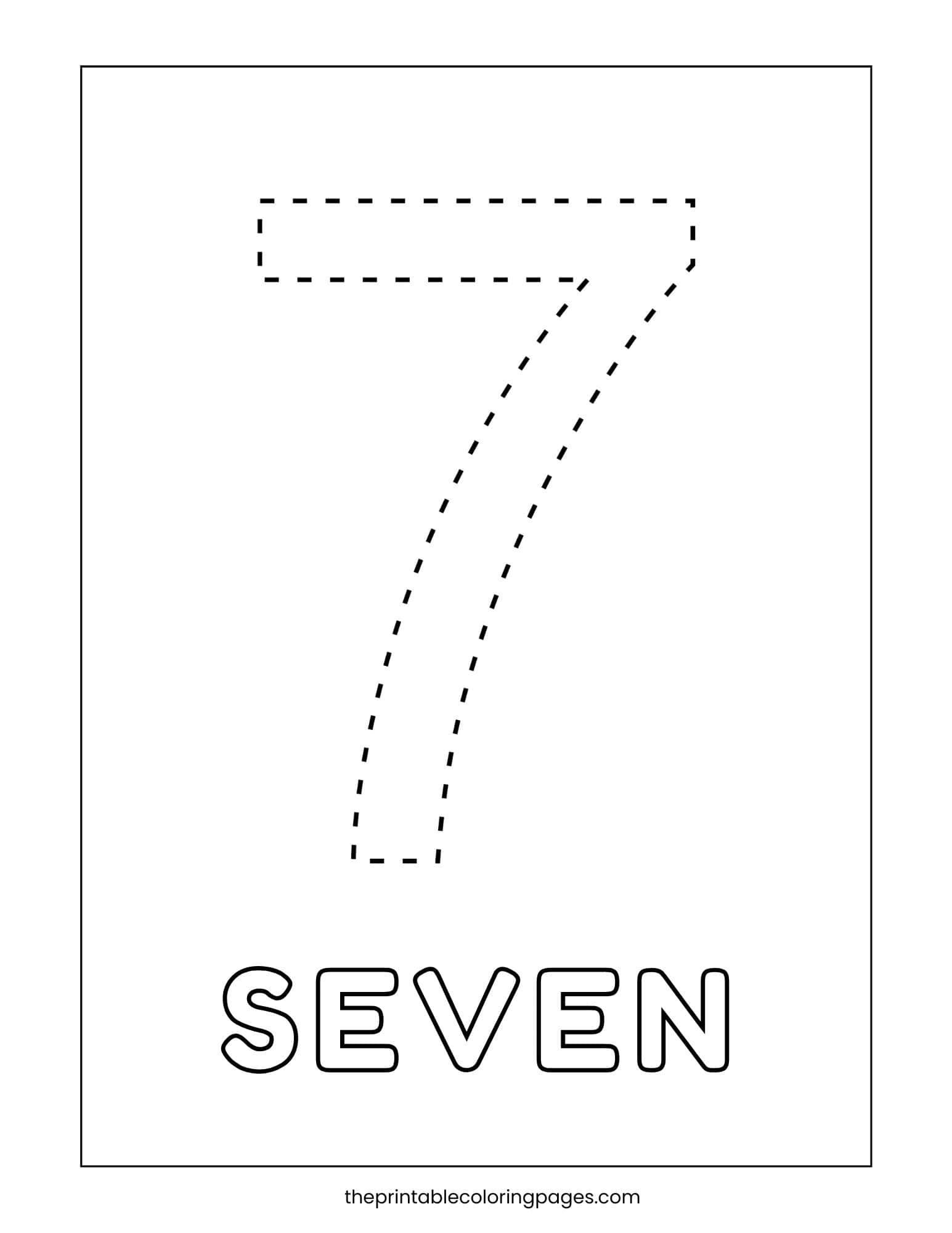 Number 7 coloring page with dotted tracing lines and the word “SEVEN” written below.