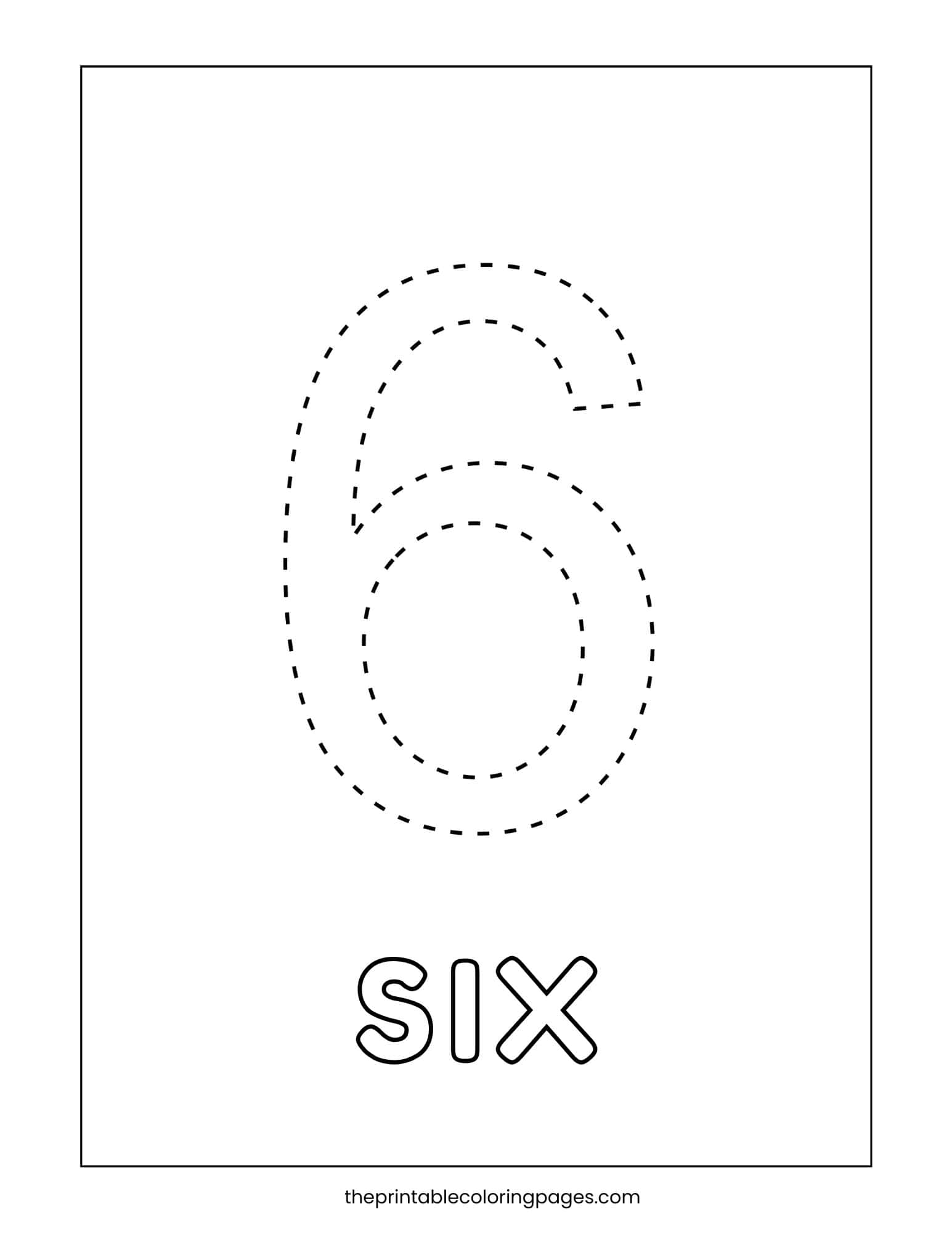 Number 6 tracing coloring page with large dotted number and the word “six” below it.