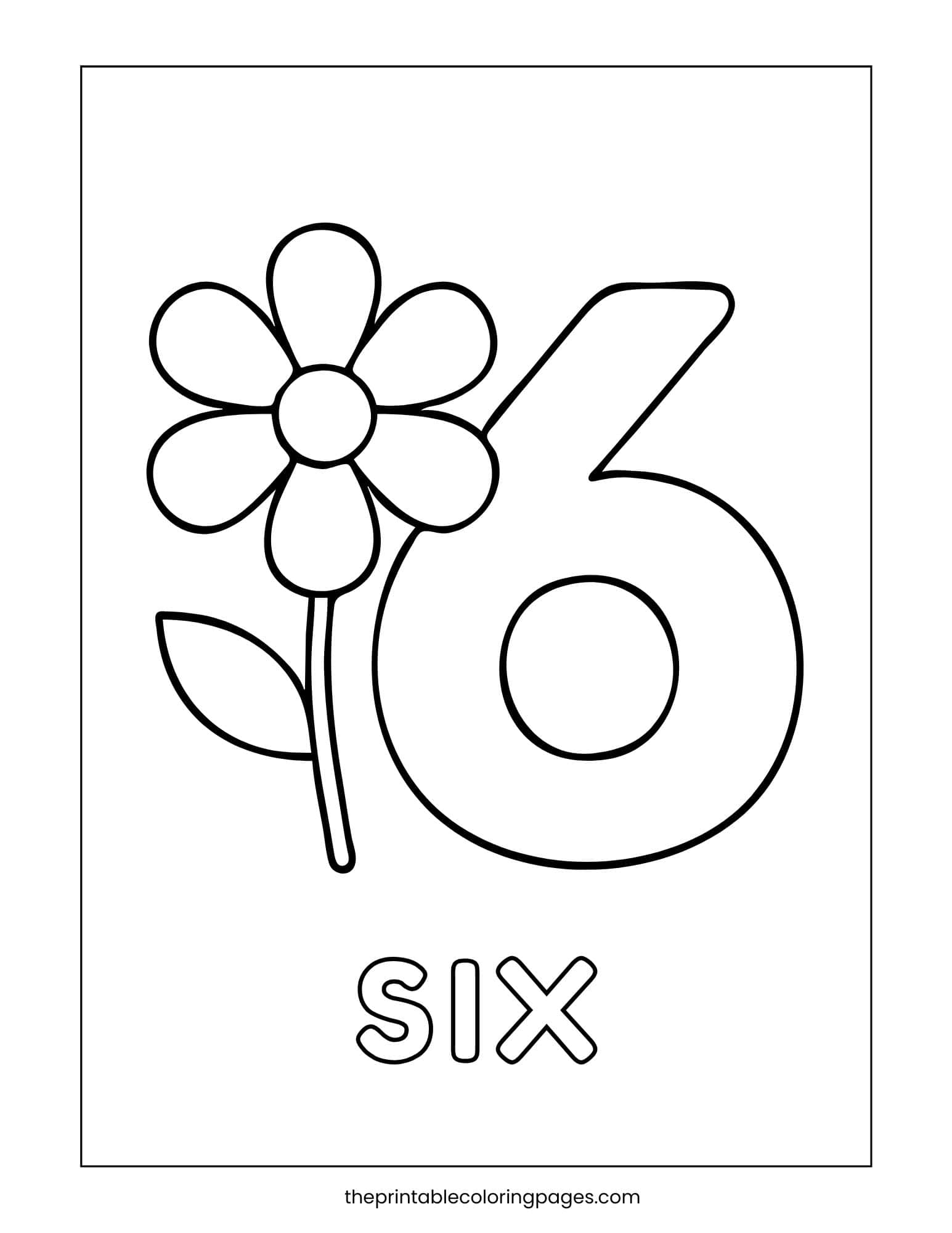 Number 6 coloring page with a six-petal flower and the word “six” underneath.