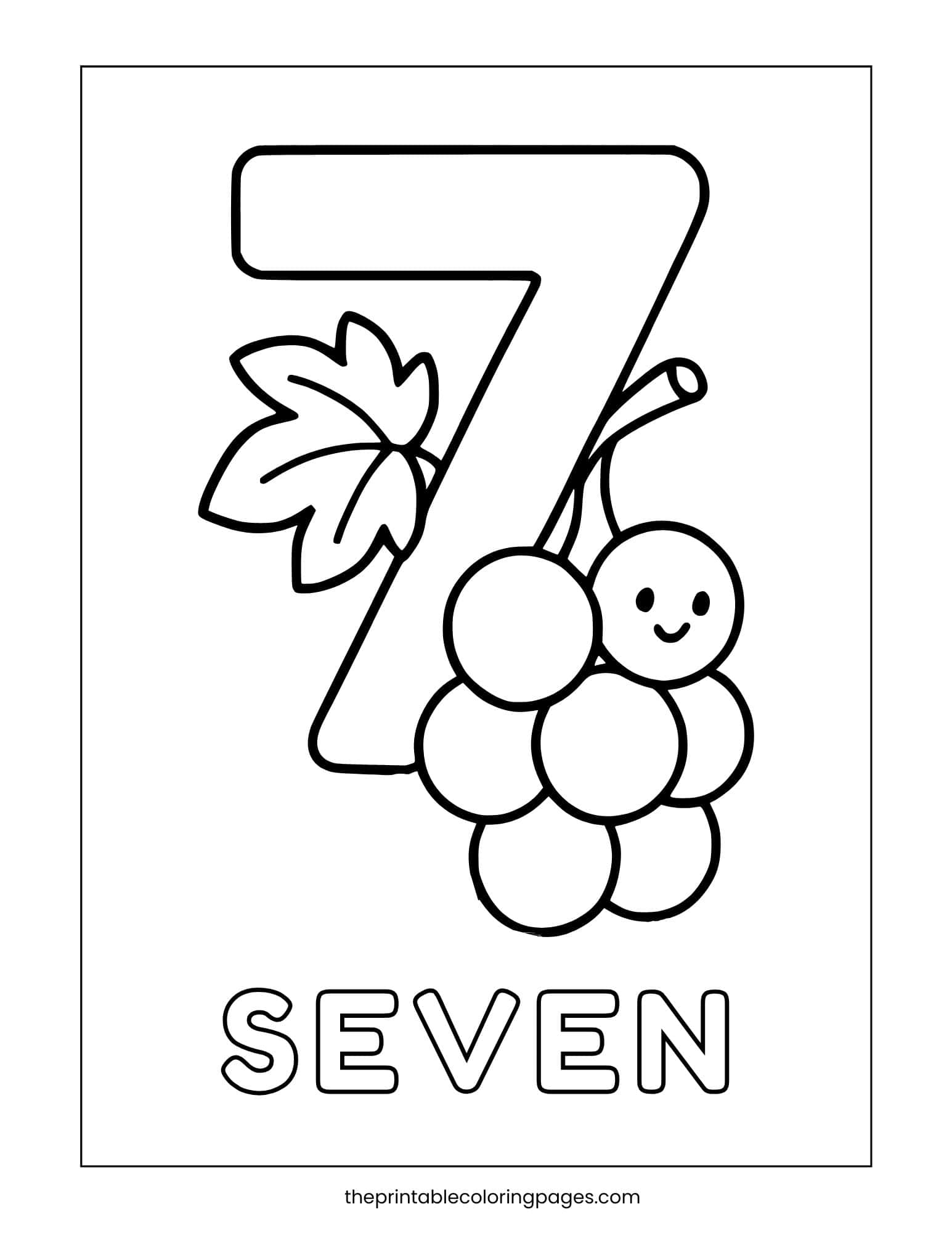 Number 7 coloring page with a bunch of seven grapes and a leaf, with “SEVEN” below.