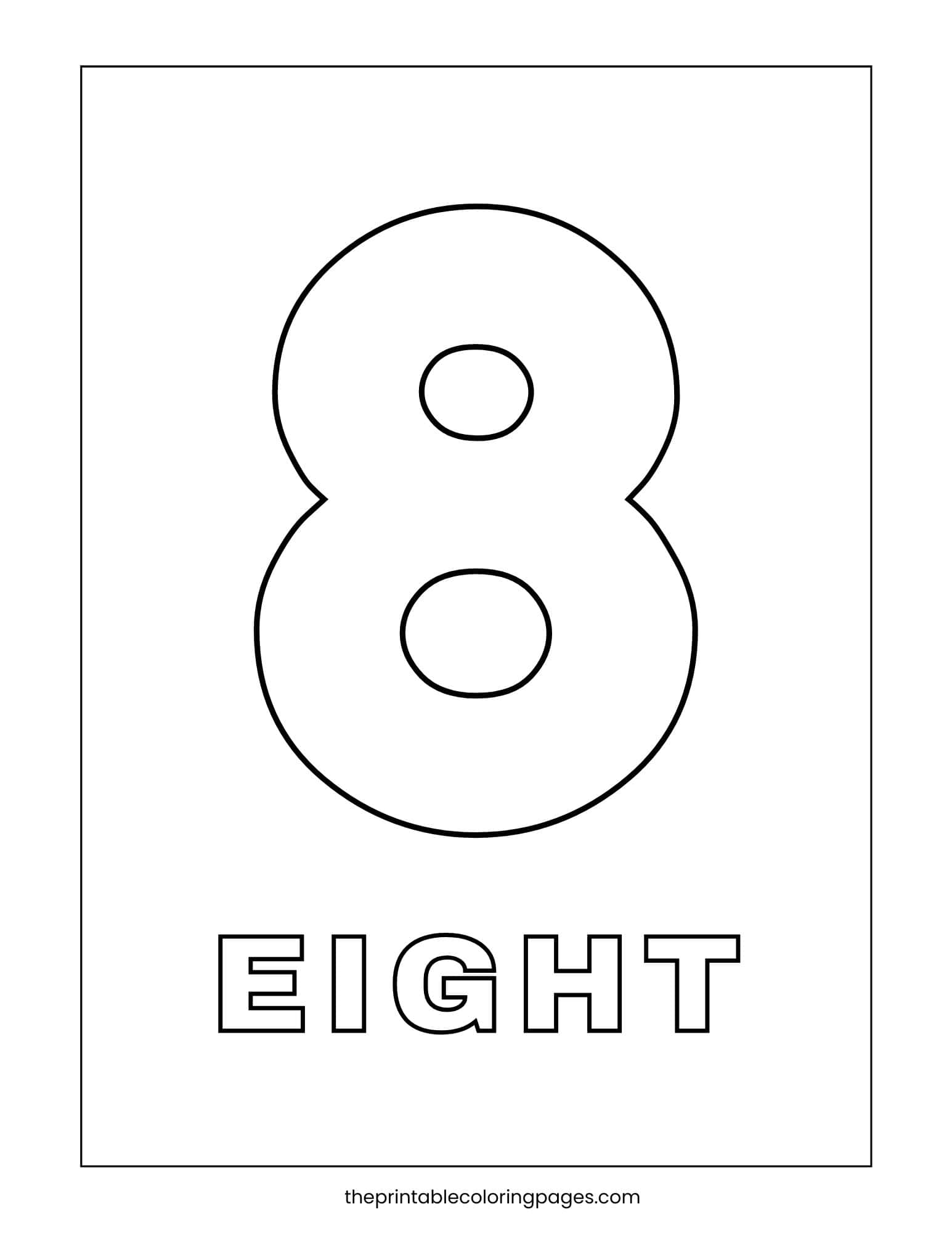 A coloring page with a bold number 8 and outlined “EIGHT” below.