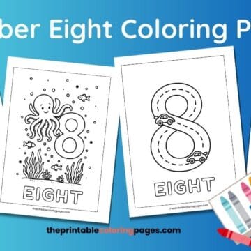 Four number eight coloring pages for kids featuring bold outline, tracing version, octopus with eight arms, and a race track design with cars — displayed on a blue background with crayons and sparkles.
