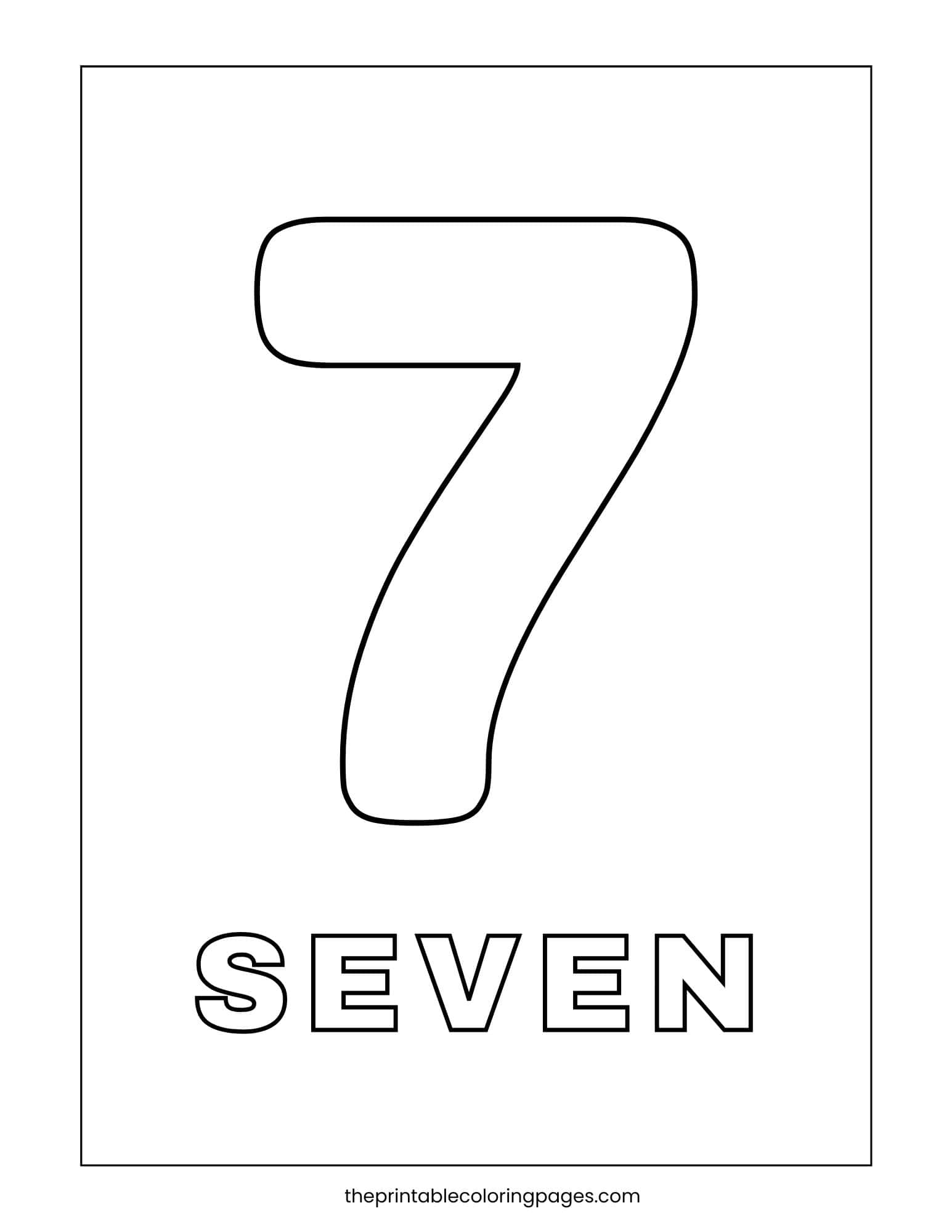 Large outlined number 7 with the word “SEVEN” underneath for preschoolers to color.