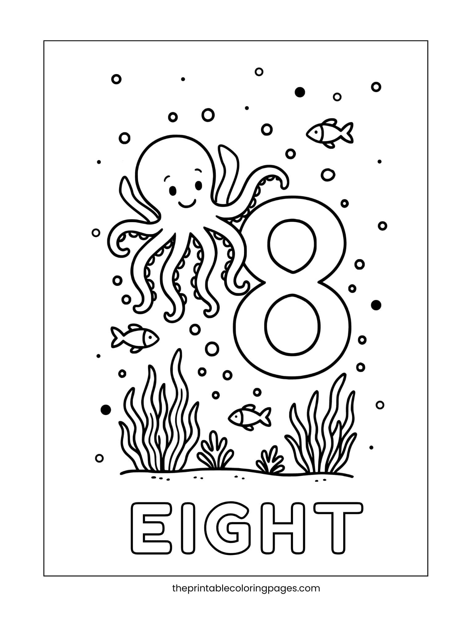 Coloring page showing number 8 with a smiling octopus and fish, perfect for ocean-themed learning.