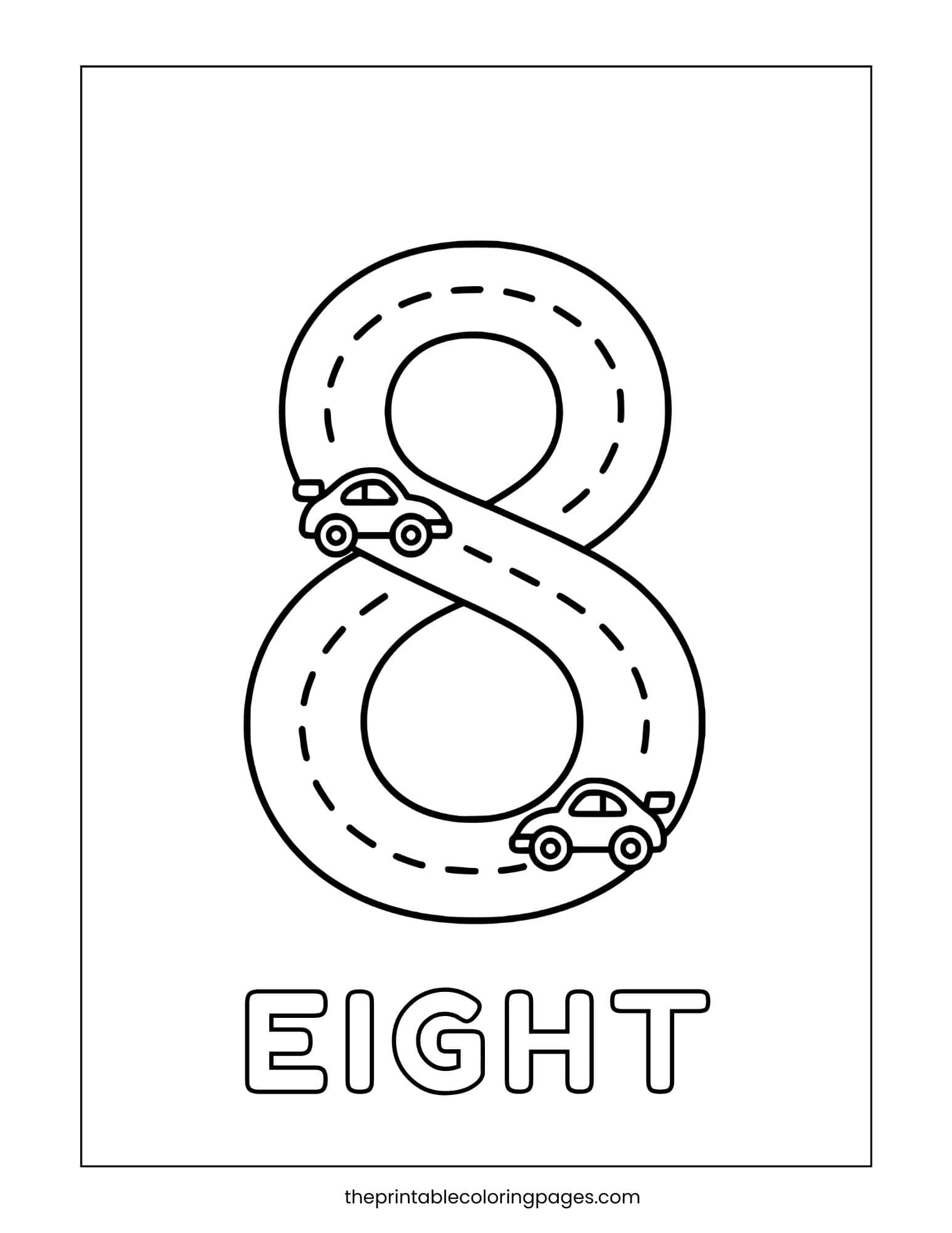 A creative number 8 shaped like a race track with two cartoon cars, for fun coloring and counting.