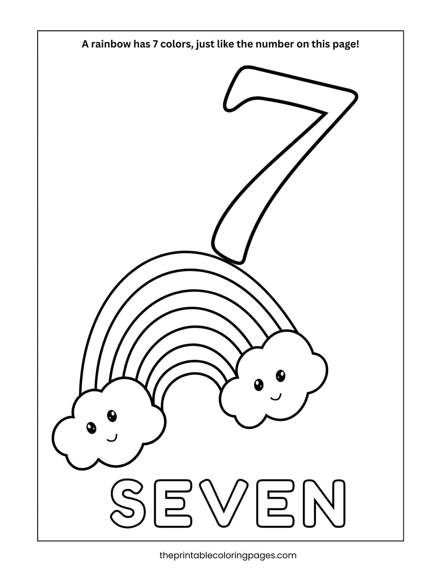 Number 7 coloring page with a rainbow and clouds below it, includes the sentence “A rainbow has 7 colors, just like the number on this page!”