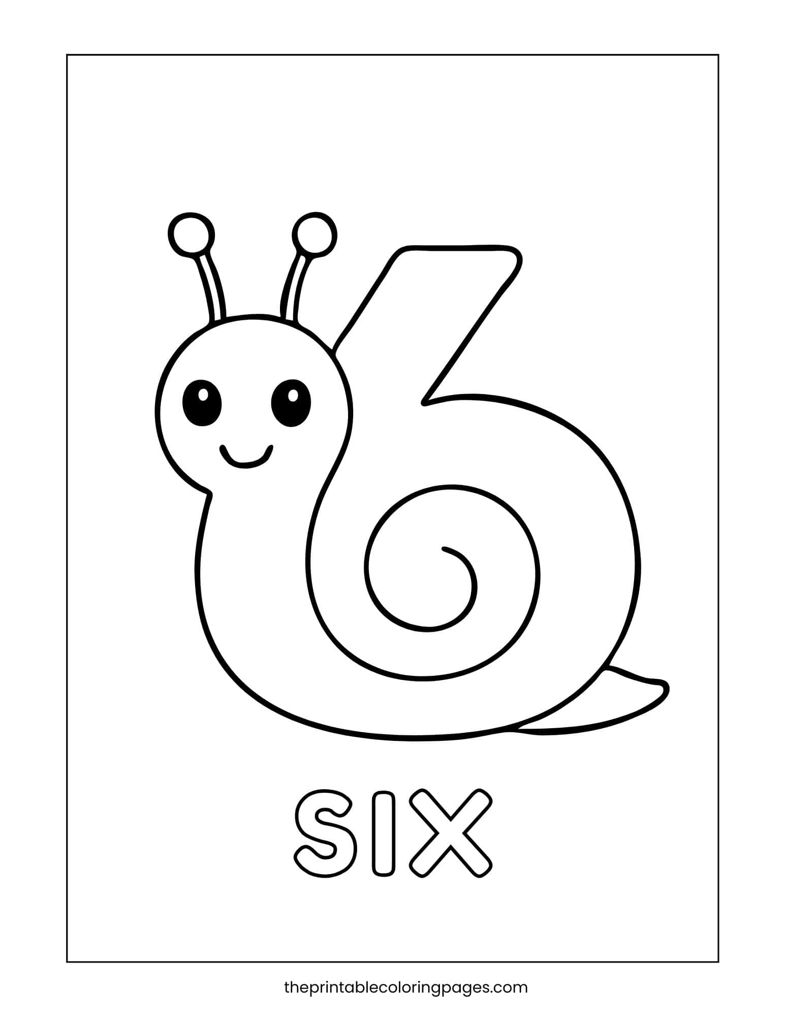 Number 6 shaped like a snail shell with smiling snail face and “six” text below.