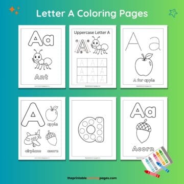 Collection of free Letter A coloring pages for preschoolers, including ant, apple, acorn, and airplane worksheets with tracing, phonics, and dot marker activities.