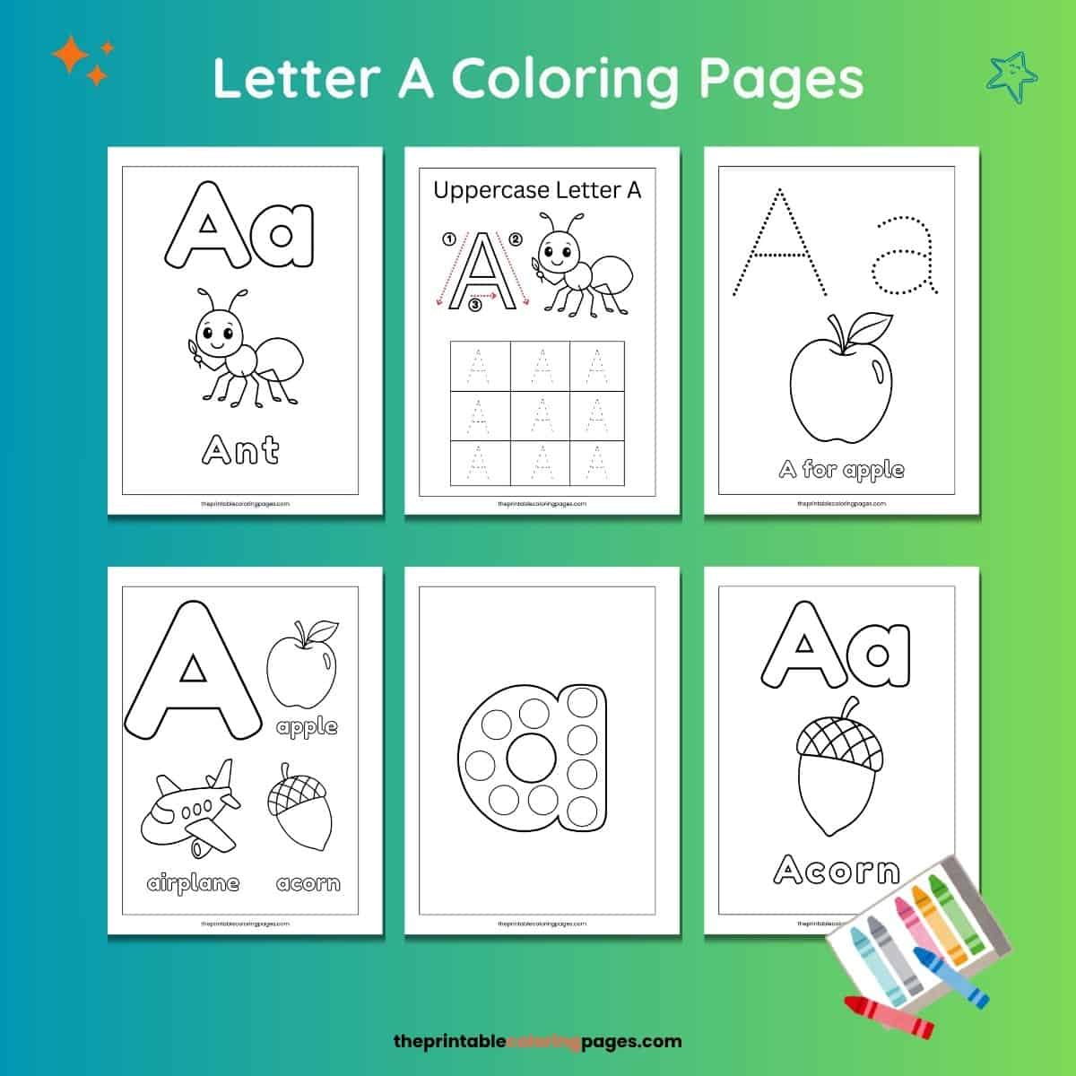 Collection of free Letter A coloring pages for preschoolers, including ant, apple, acorn, and airplane worksheets with tracing, phonics, and dot marker activities.