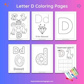 Letter D coloring pages for preschoolers featuring six printable worksheets with D words like dog, duck, drum, diamond, donut, and dinosaur, including tracing and dot marker activities.