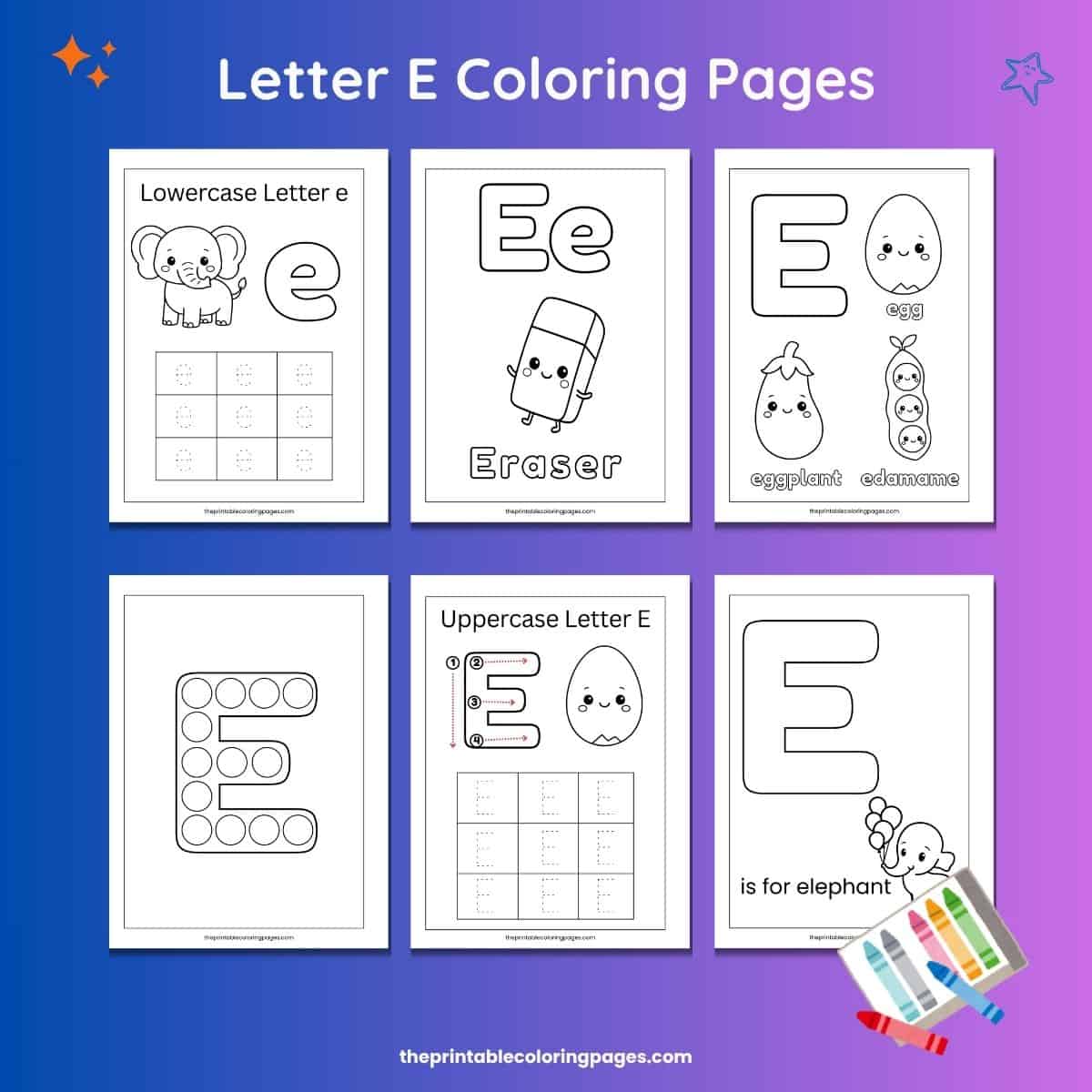 Letter E coloring pages for preschoolers showing lowercase e with elephant, uppercase E tracing sheet, dot marker E, and E words like egg, eggplant, edamame, and eraser.