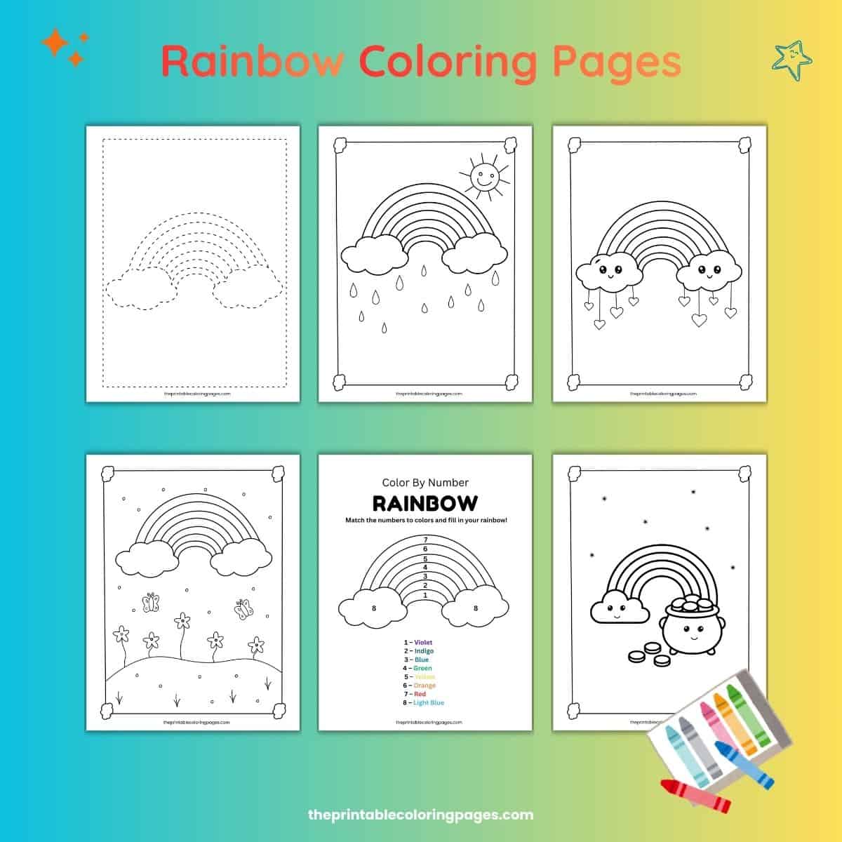 A collection of six cute rainbow coloring pages for kids, featuring simple outlines, clouds, raindrops, hearts, flowers, and a pot of gold. Includes a color-by-number rainbow worksheet with seven colors and a light blue cloud.