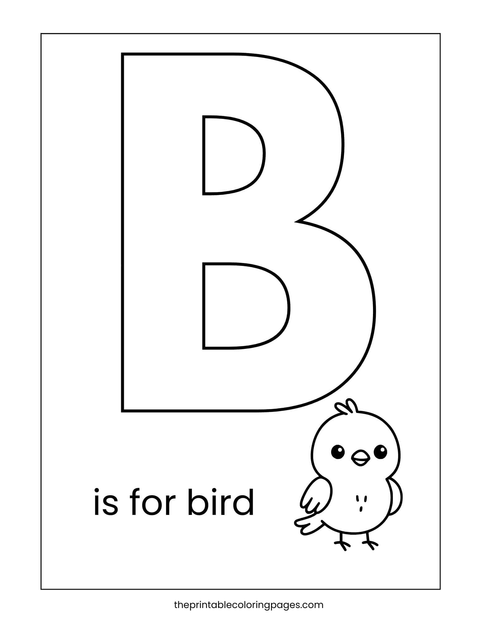 Letter B coloring page with a bold uppercase B and a cute bird illustration, featuring the phrase “B is for bird.”.