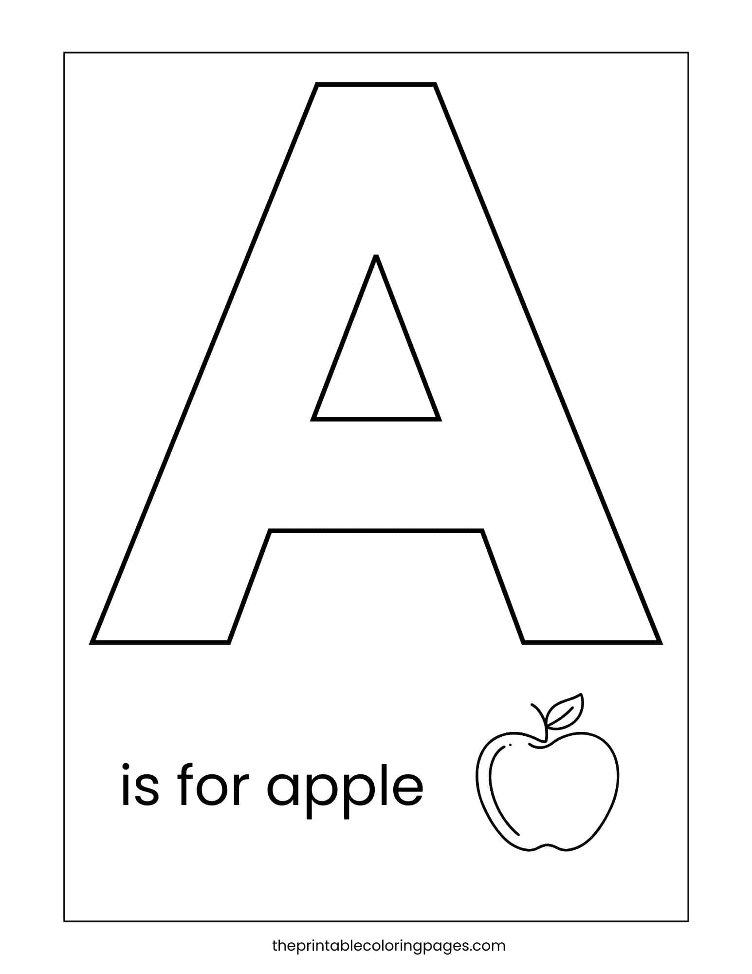 Letter A coloring page with a bold uppercase A and an apple illustration, featuring the phrase “A is for apple.”
