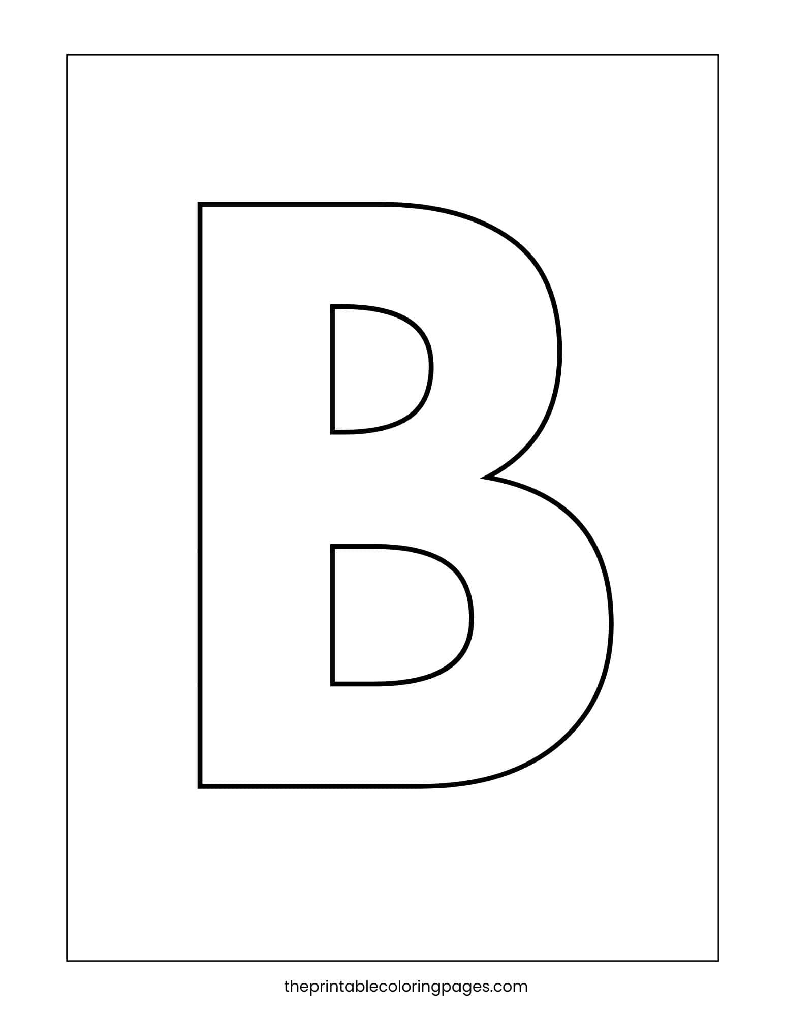 Uppercase letter B coloring page with bold outlines for preschool tracing and coloring practice.