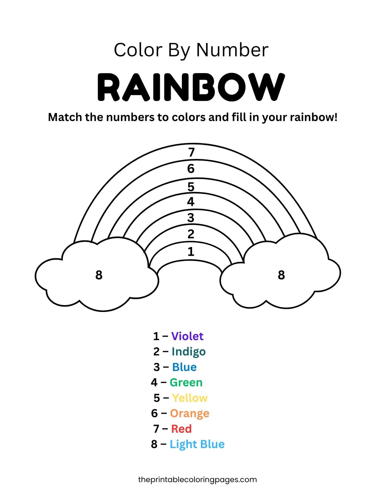 Color by number math activity featuring a rainbow with numbers 1 through 7.