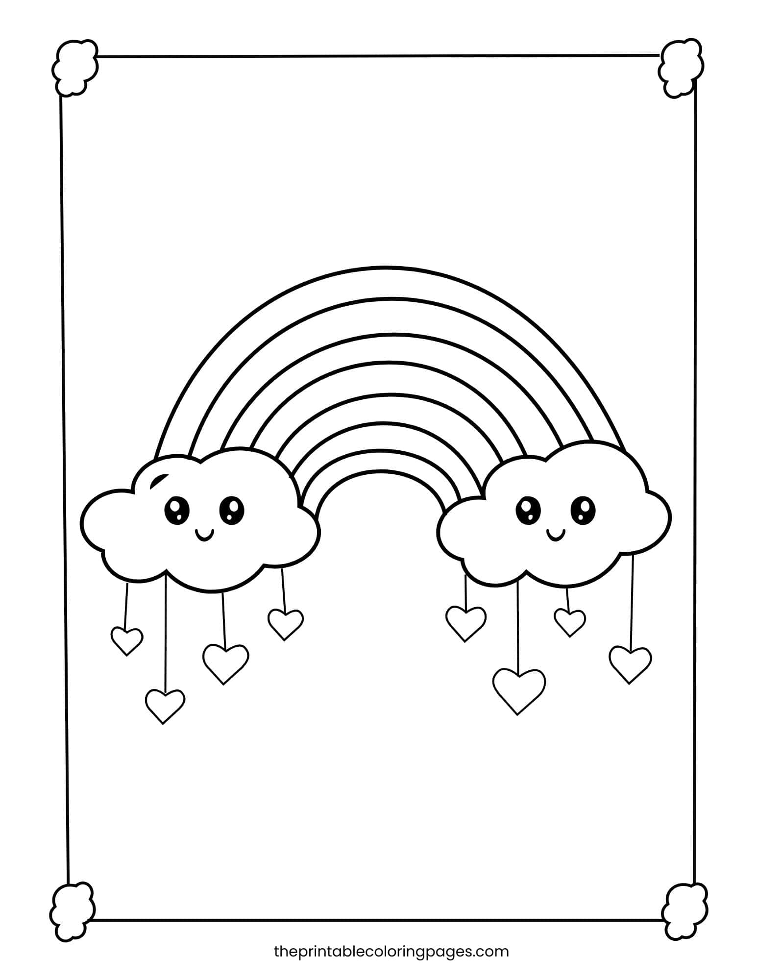 Adorable kawaii-style rainbow coloring sheet with smiling clouds and hearts.