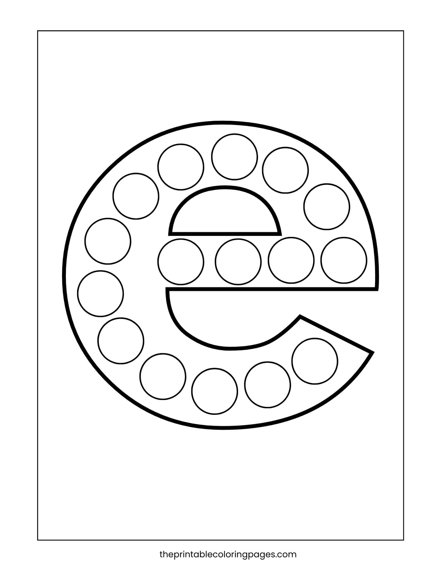 Lowercase letter e coloring page with dot markers for improving hand-eye coordination.