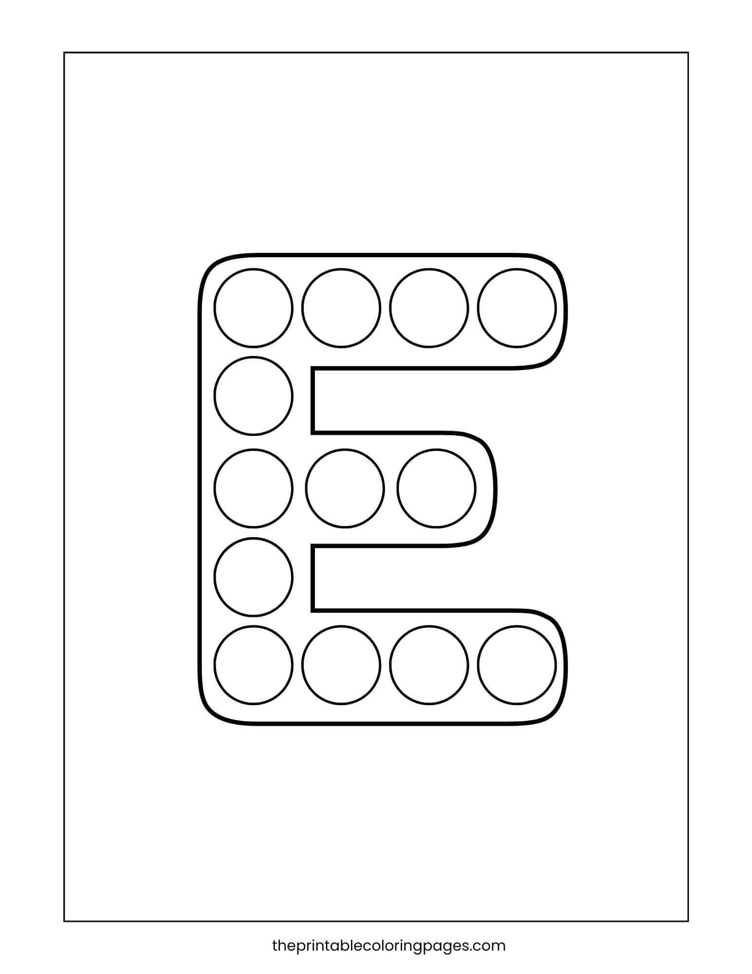 Uppercase letter E dot marker coloring page with circles for hands-on alphabet learning.
