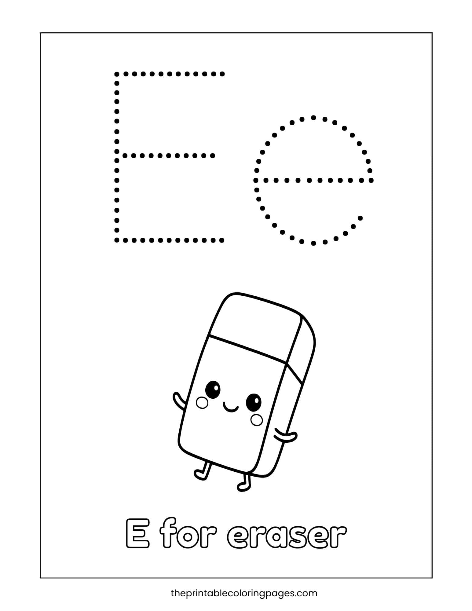 Adorable eraser illustration with dotted uppercase and lowercase E tracing letters.