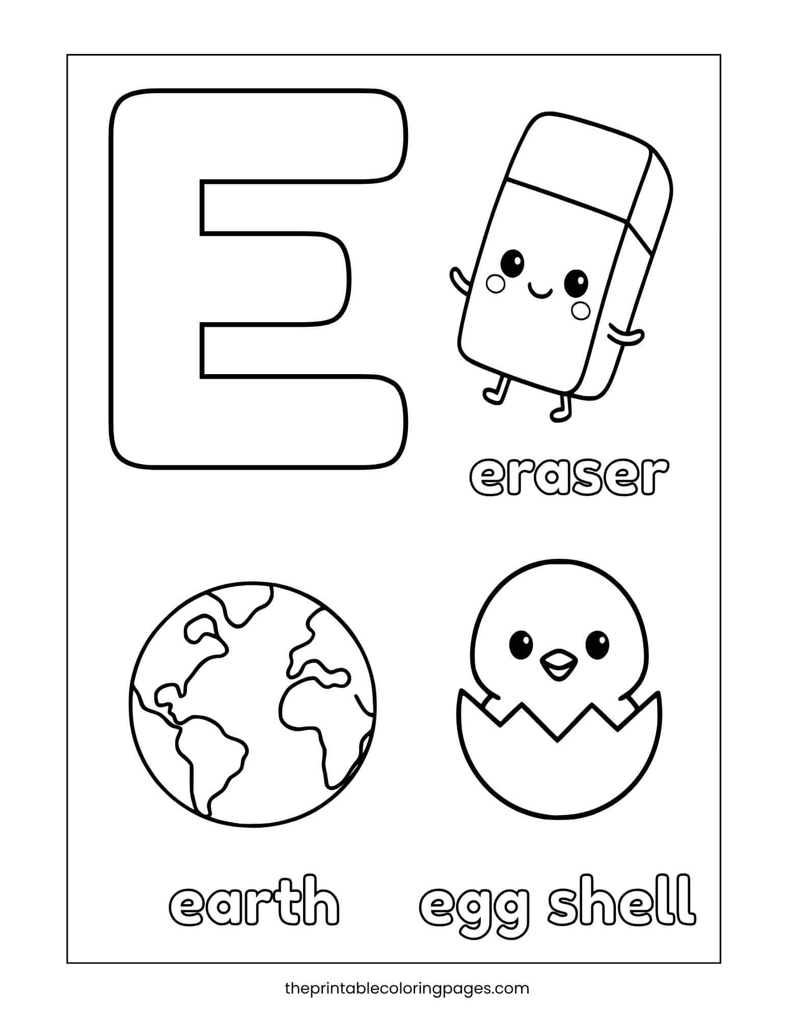 Coloring page featuring E words—eraser, earth, and egg shell—for letter recognition.