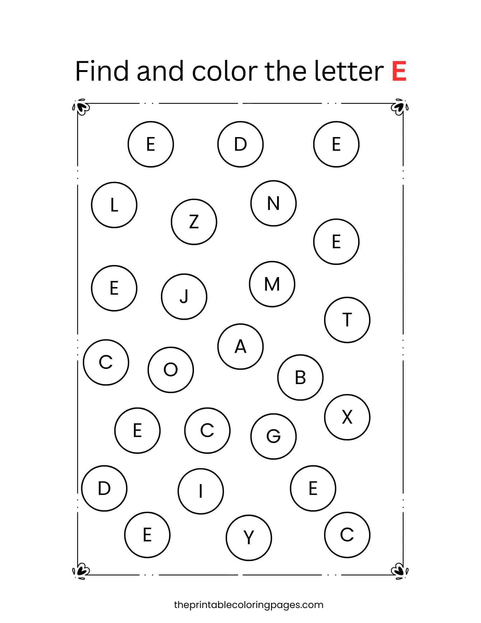 Alphabet find-and-color worksheet for identifying uppercase letter E among mixed letters.