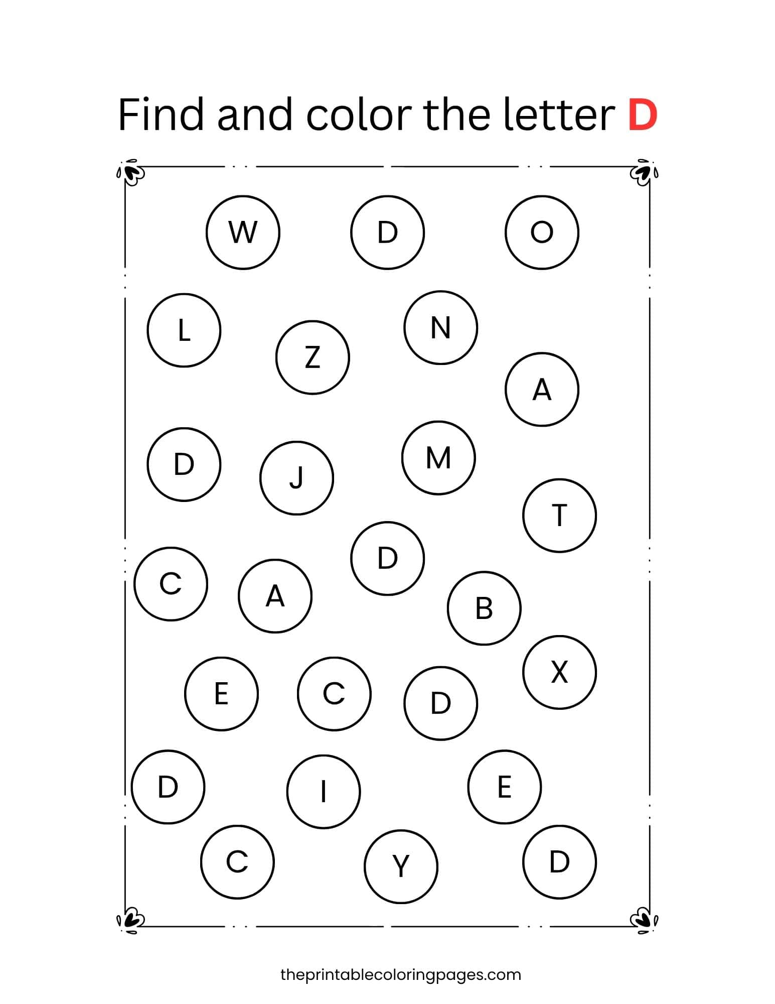 Visual discrimination game to find and color the letter D recognition worksheet.
