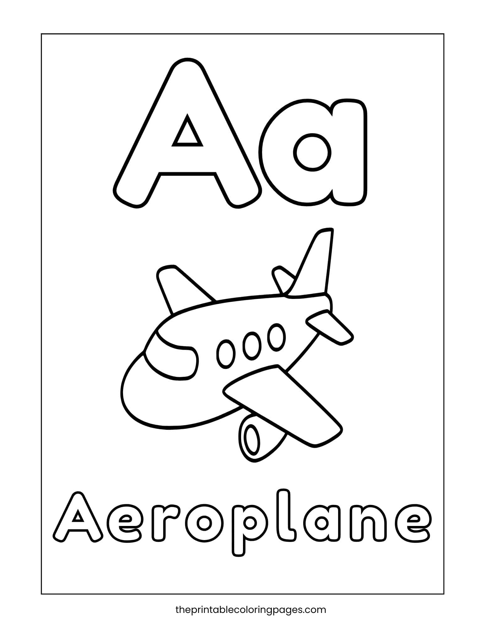 Letter A coloring page with uppercase and lowercase Aa and an aeroplane illustration for early phonics learning.