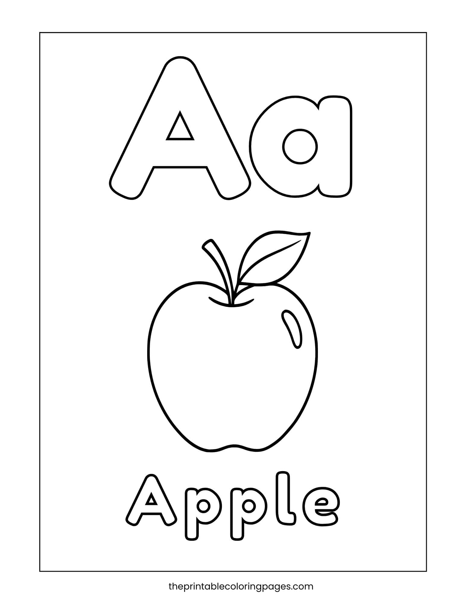 Letter A coloring page featuring uppercase and lowercase Aa with a large apple image and the word “Apple.”