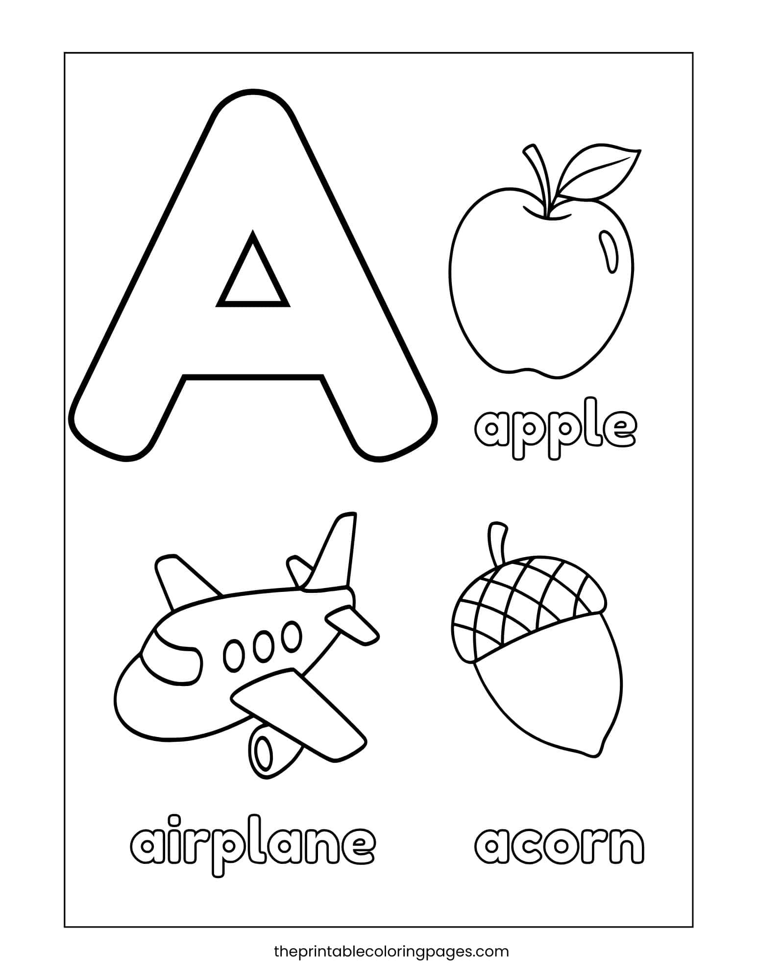 Phonics worksheet for letter A showing apple, airplane, and acorn images with matching words to reinforce A sounds.