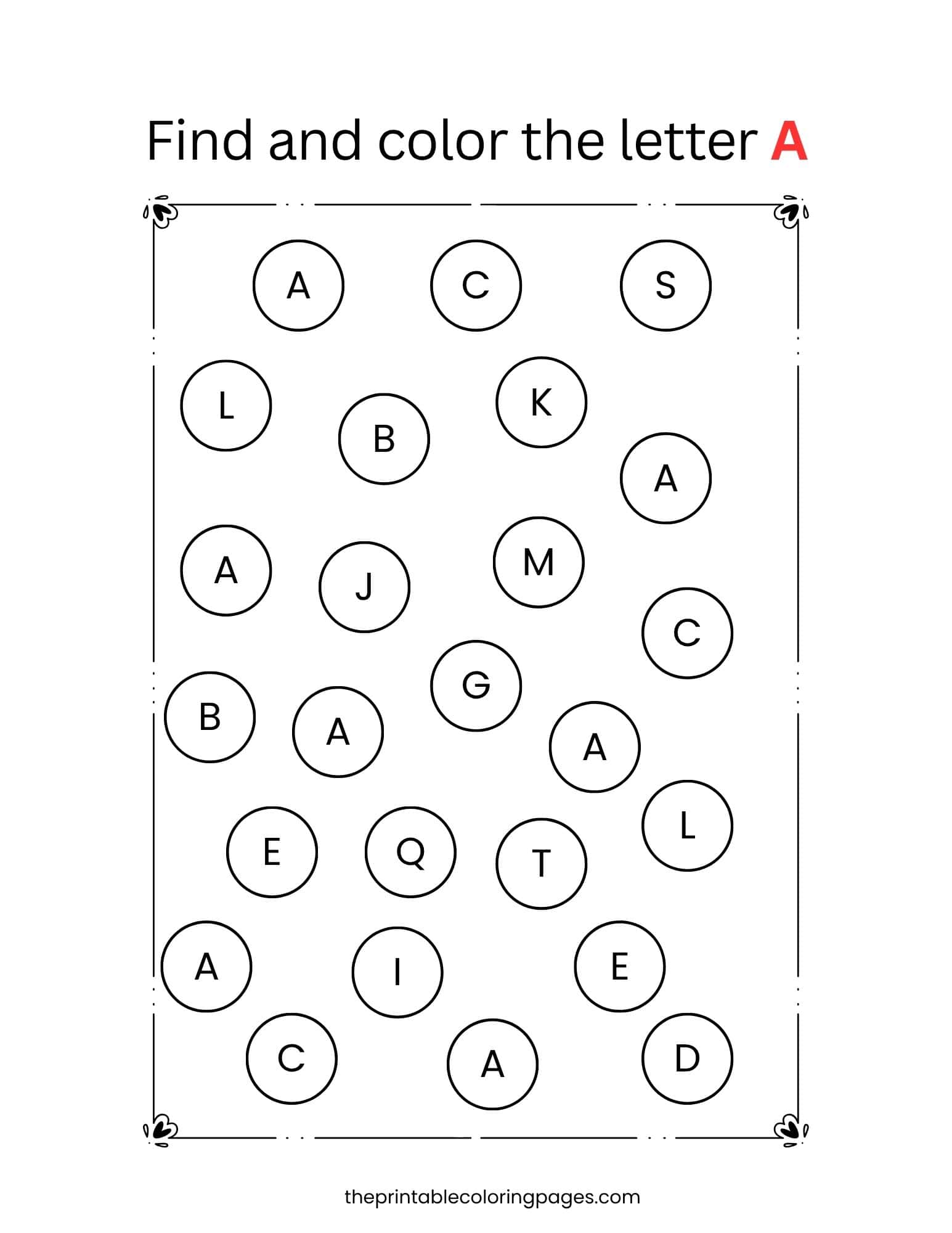 Find and color activity worksheet where kids identify all uppercase and lowercase A letters among other alphabets.