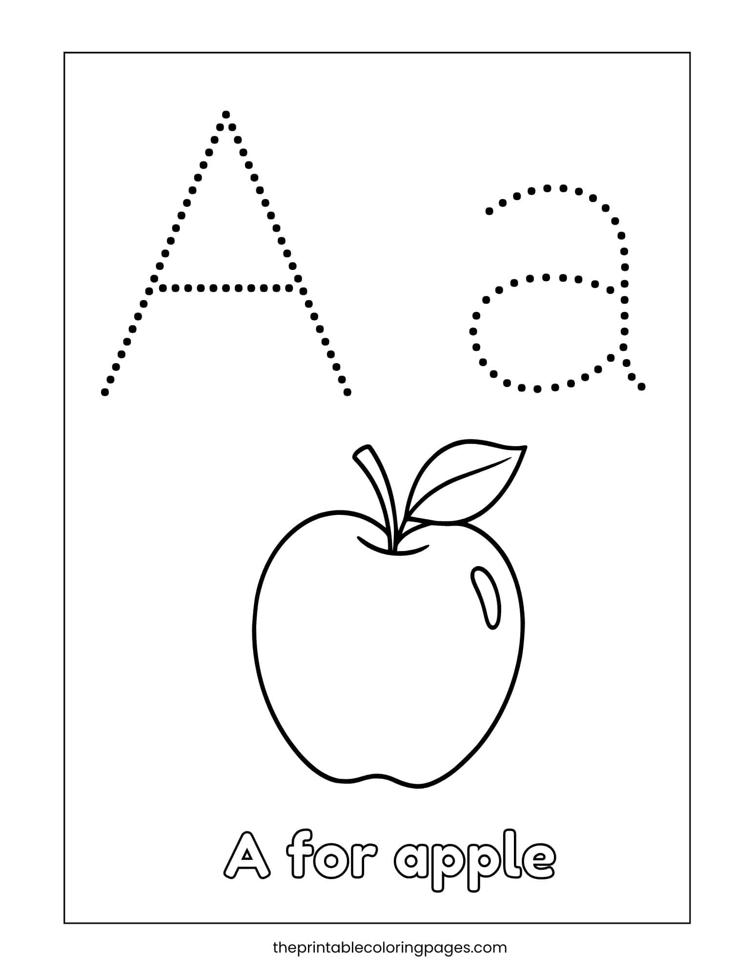 Letter tracing worksheet showing dotted uppercase and lowercase A with an apple image for tracing and coloring practice.