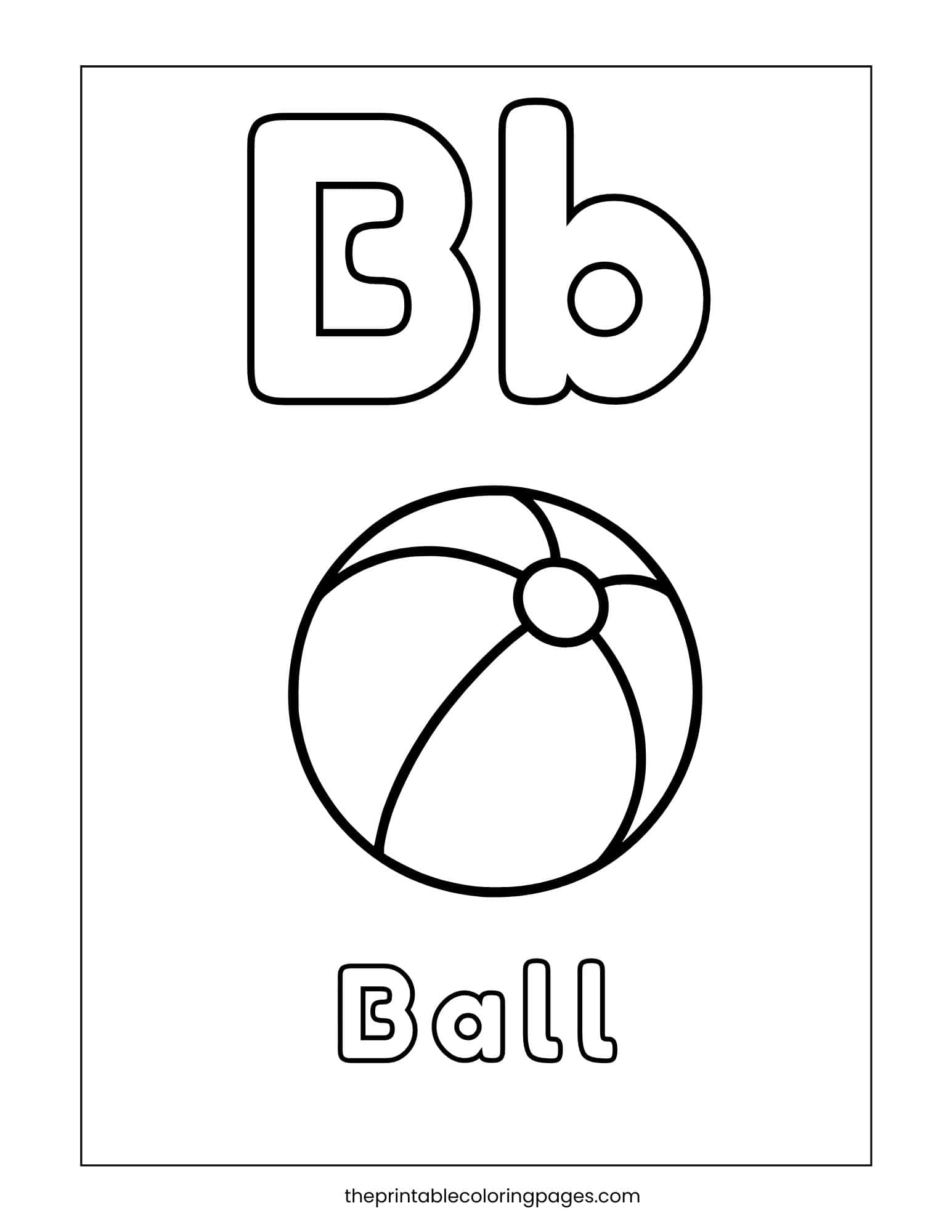 Letter B coloring page with uppercase and lowercase Bb and a large ball illustration for early alphabet practice.