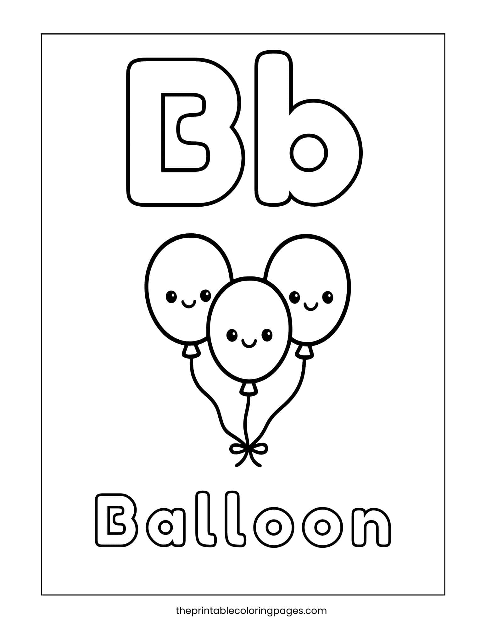 Letter B coloring page with uppercase and lowercase Bb and a group of smiling balloons for phonics and coloring fun.