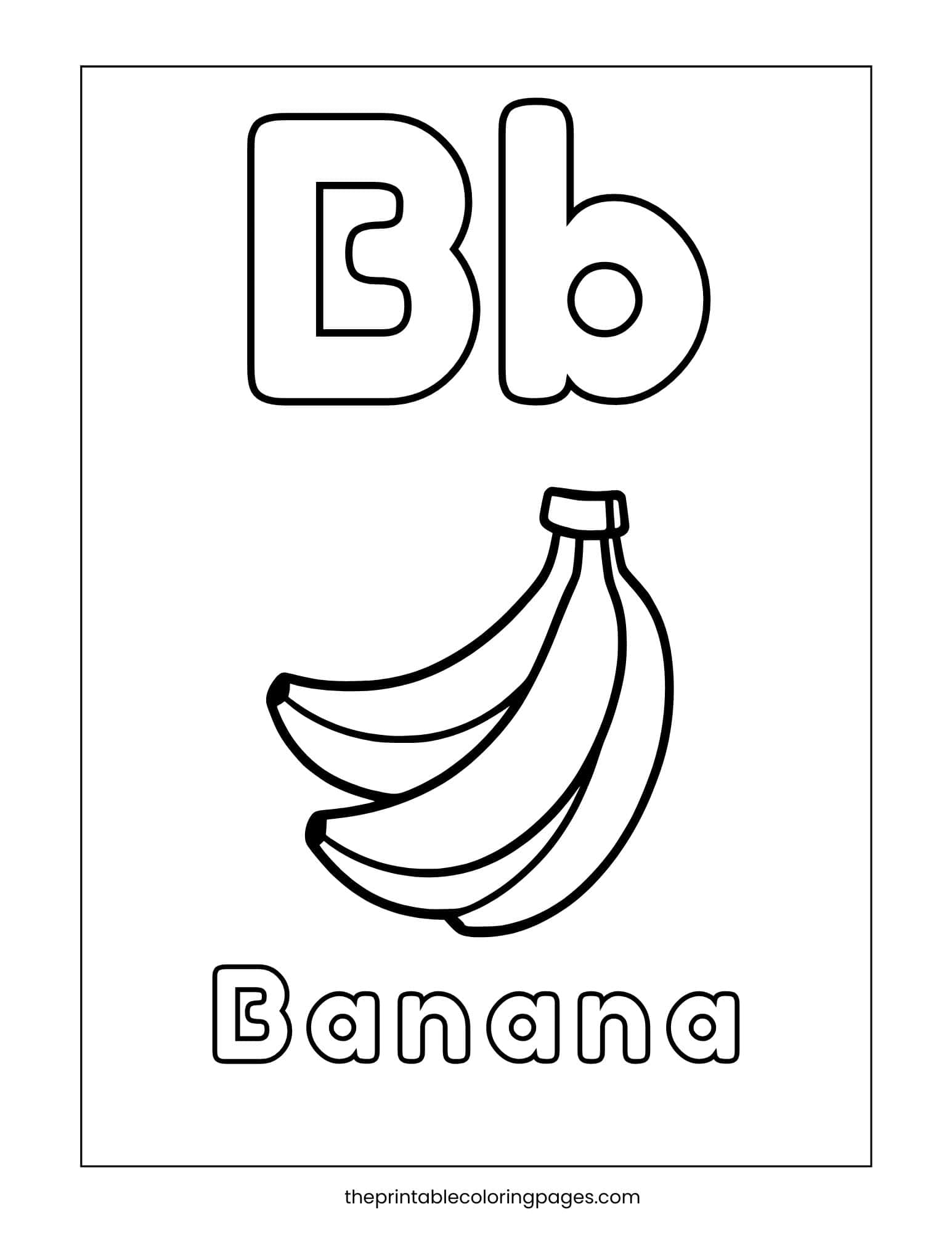 Letter B coloring page showing uppercase and lowercase Bb with a bunch of bananas, great for learning B words.