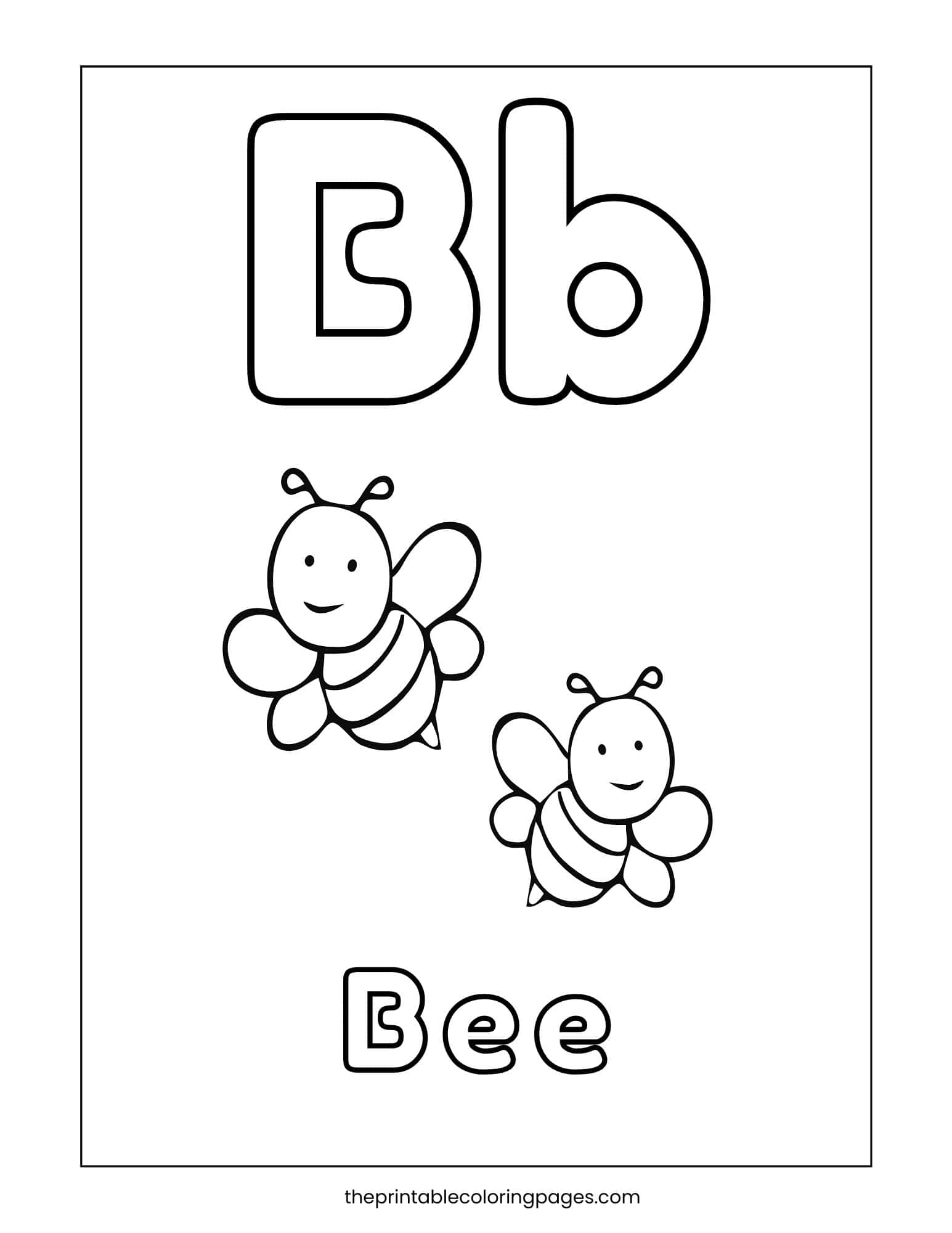 Letter B coloring page featuring two smiling bees with uppercase and lowercase Bb for phonics and tracing fun.