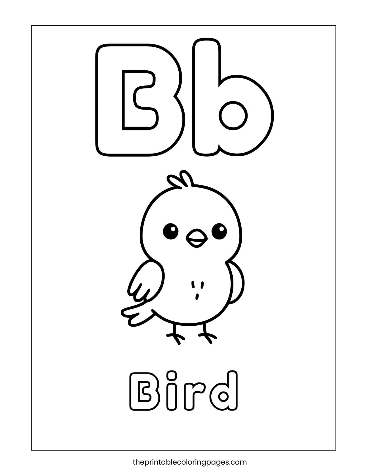 Letter B coloring page featuring uppercase and lowercase Bb with a cute bird illustration for preschoolers.