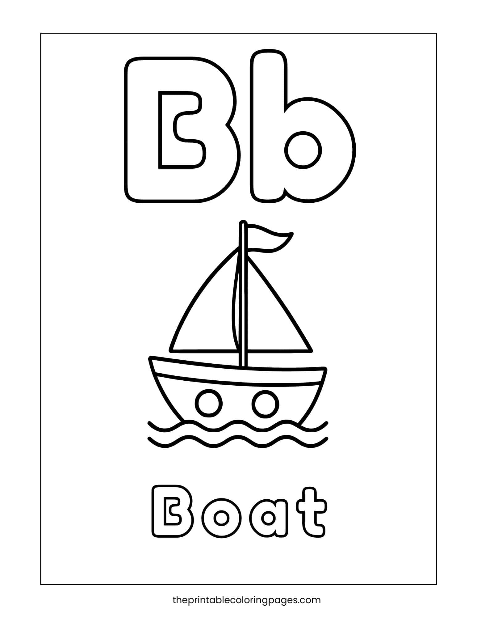 Letter B coloring page with uppercase and lowercase Bb and a simple boat illustration for preschool learning.