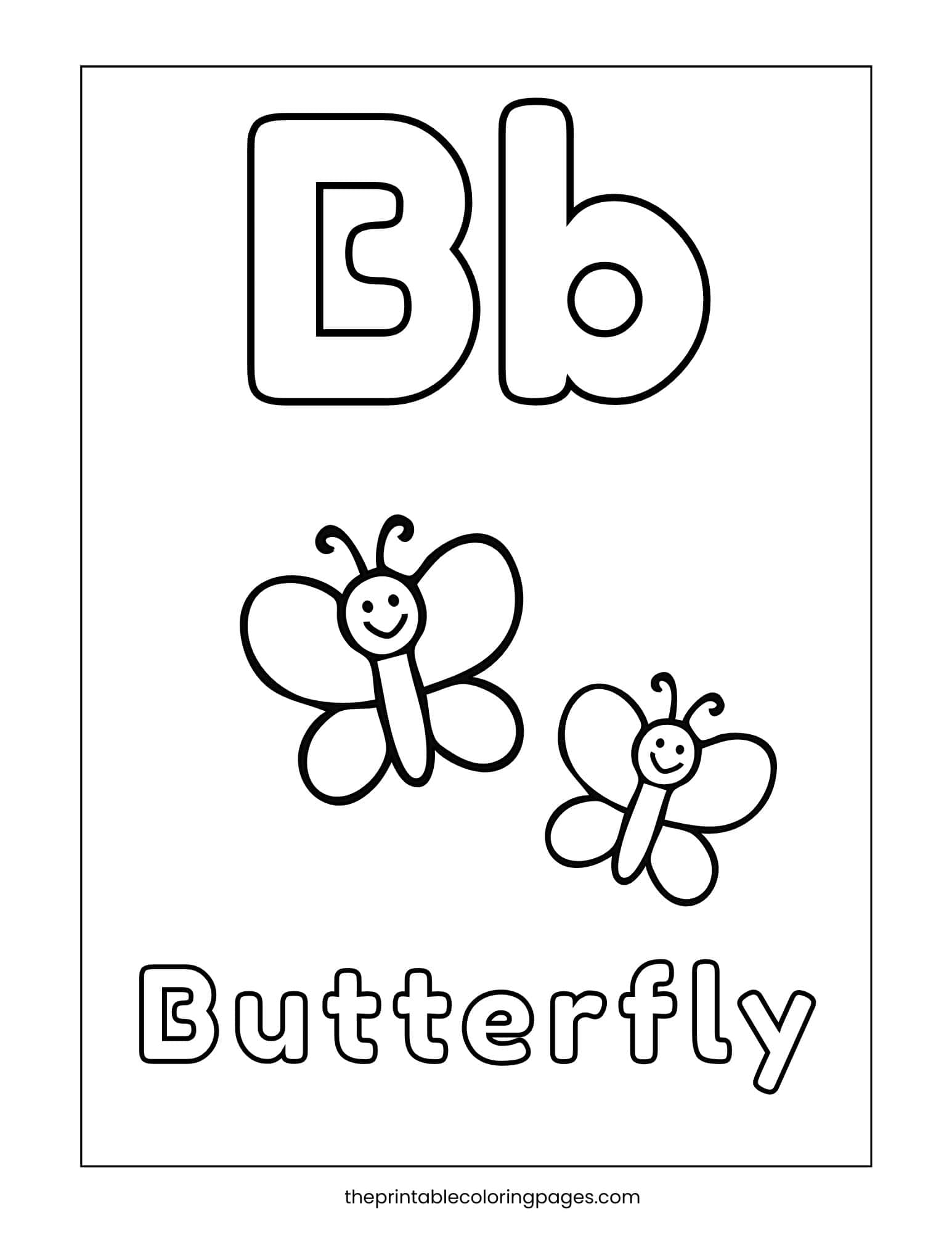 Letter B coloring page with uppercase and lowercase Bb and two cute butterflies for coloring and phonics learning.