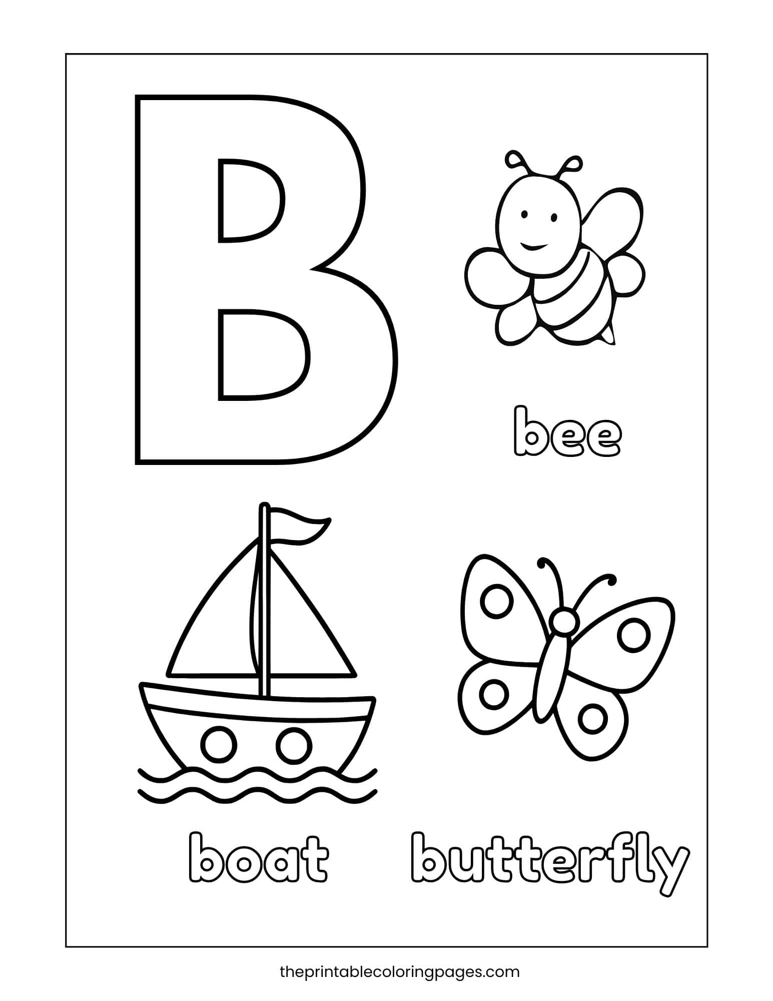 Letter B worksheet with bee, boat, and butterfly images to help kids learn words starting with the letter B.